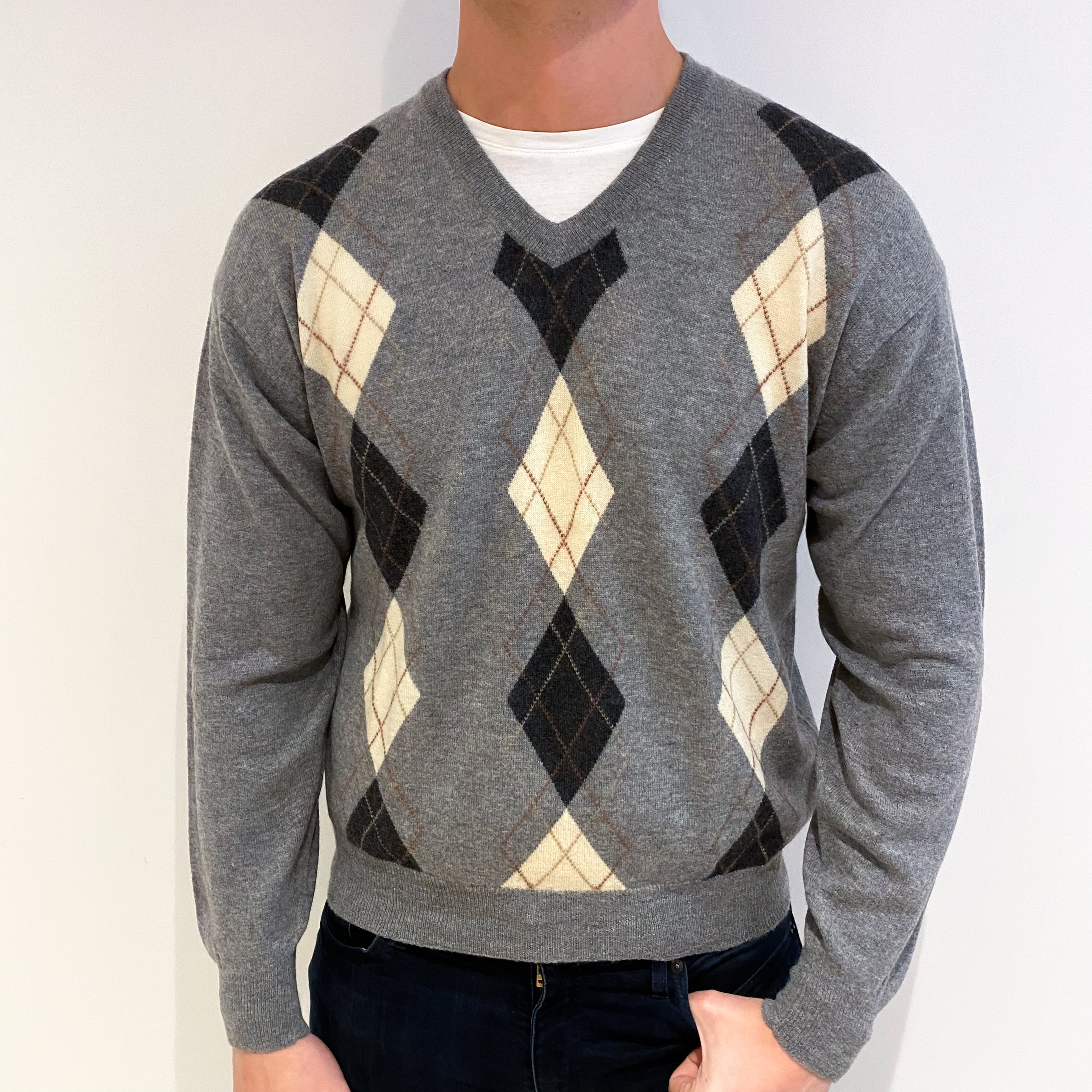 Men's Ash Grey Patterned Cashmere V Neck Jumper XL