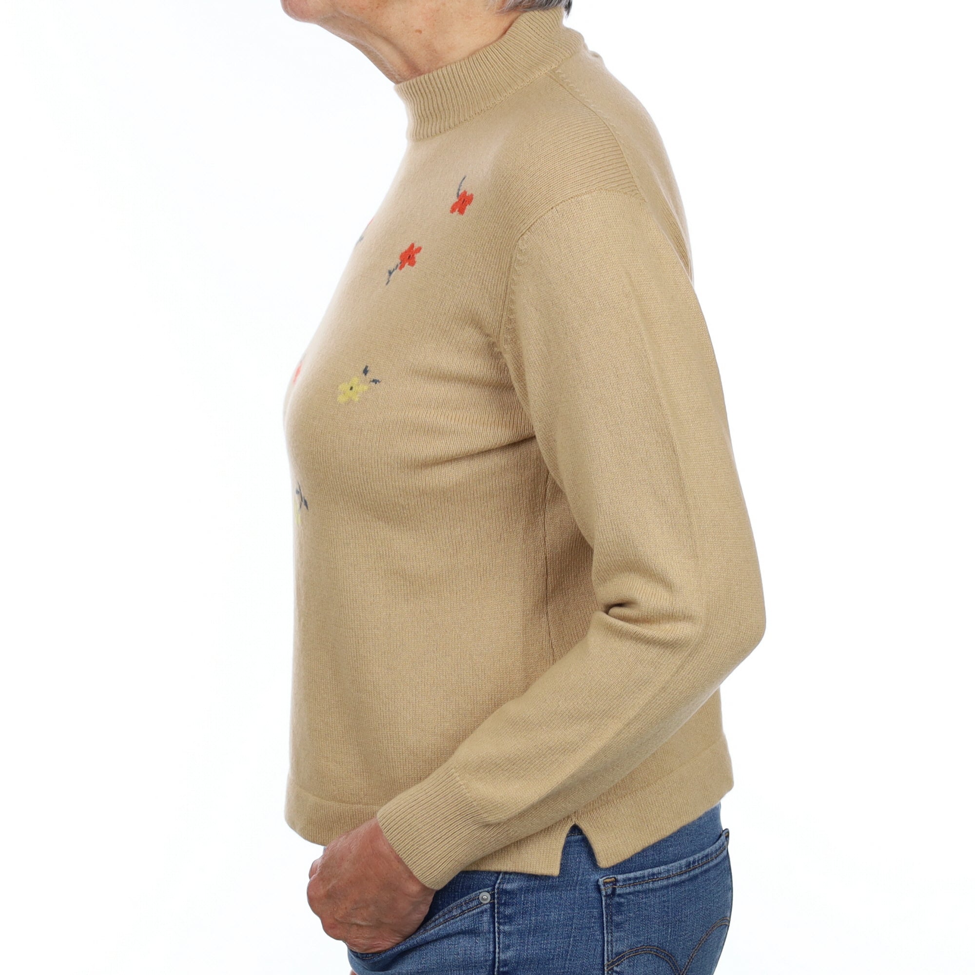 Camel Floral Cashmere Polo Neck Jumper Medium