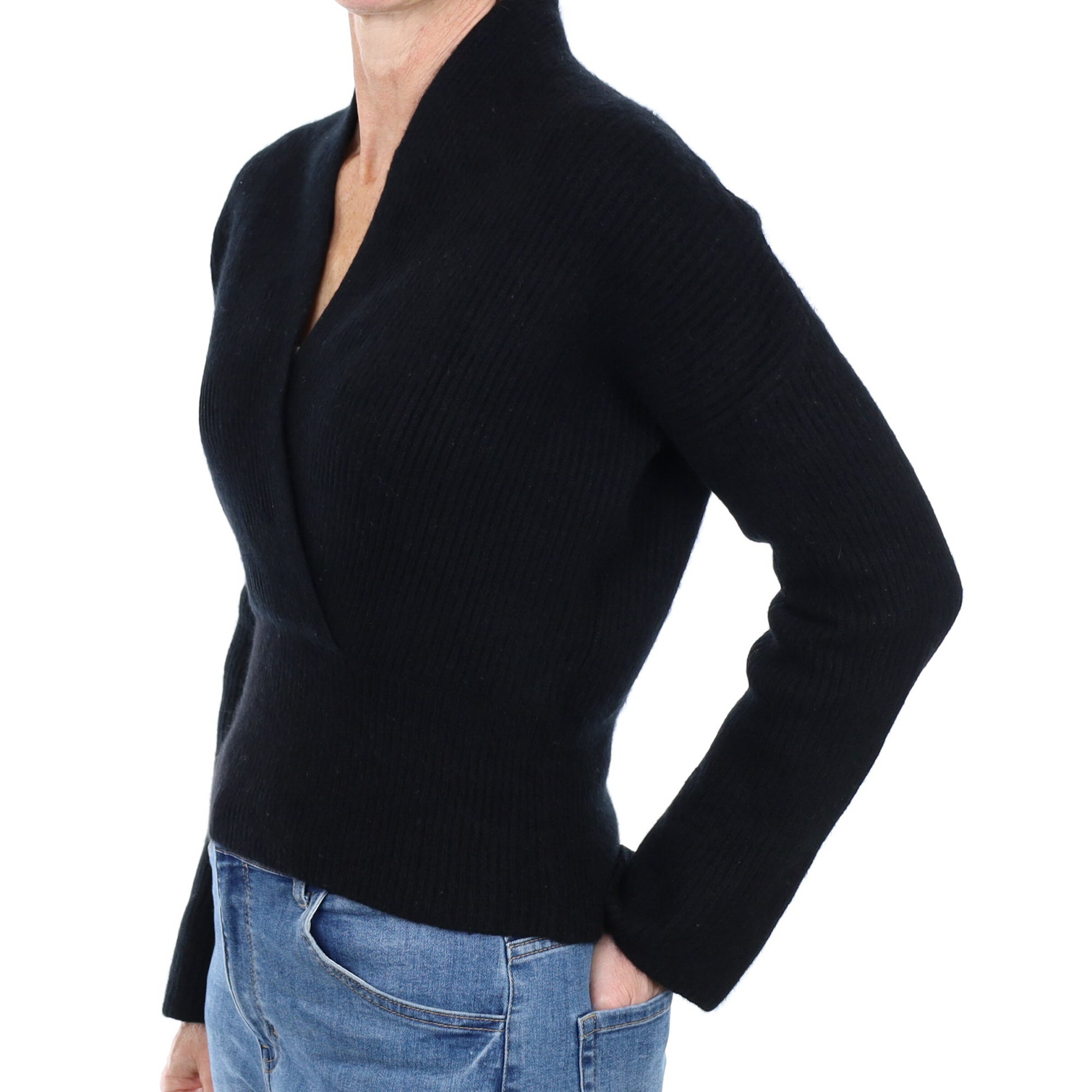 Black Cashmere Crossover V Neck Jumper Small