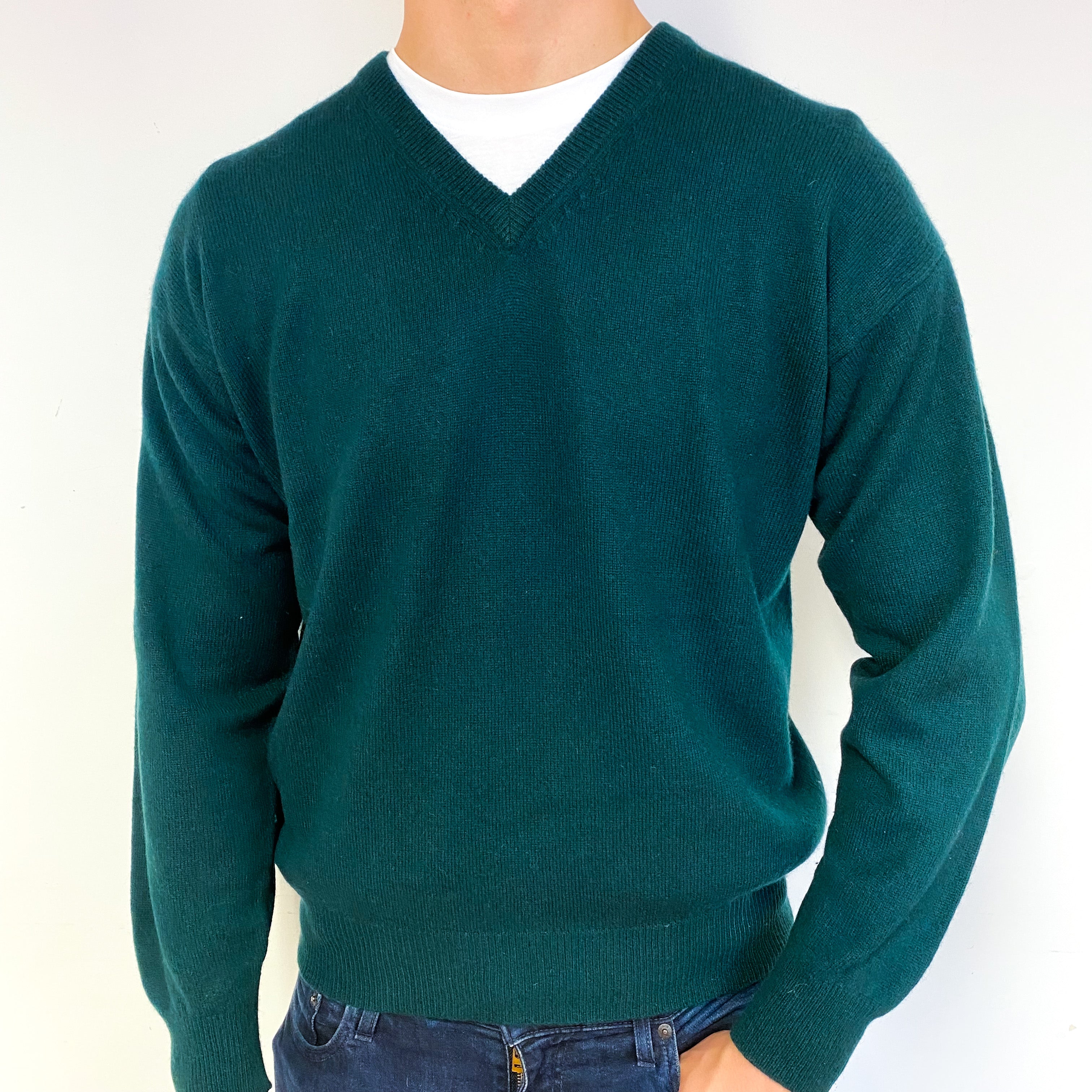 Men's Bottle Green Cashmere V-Neck Jumper Extra Large
