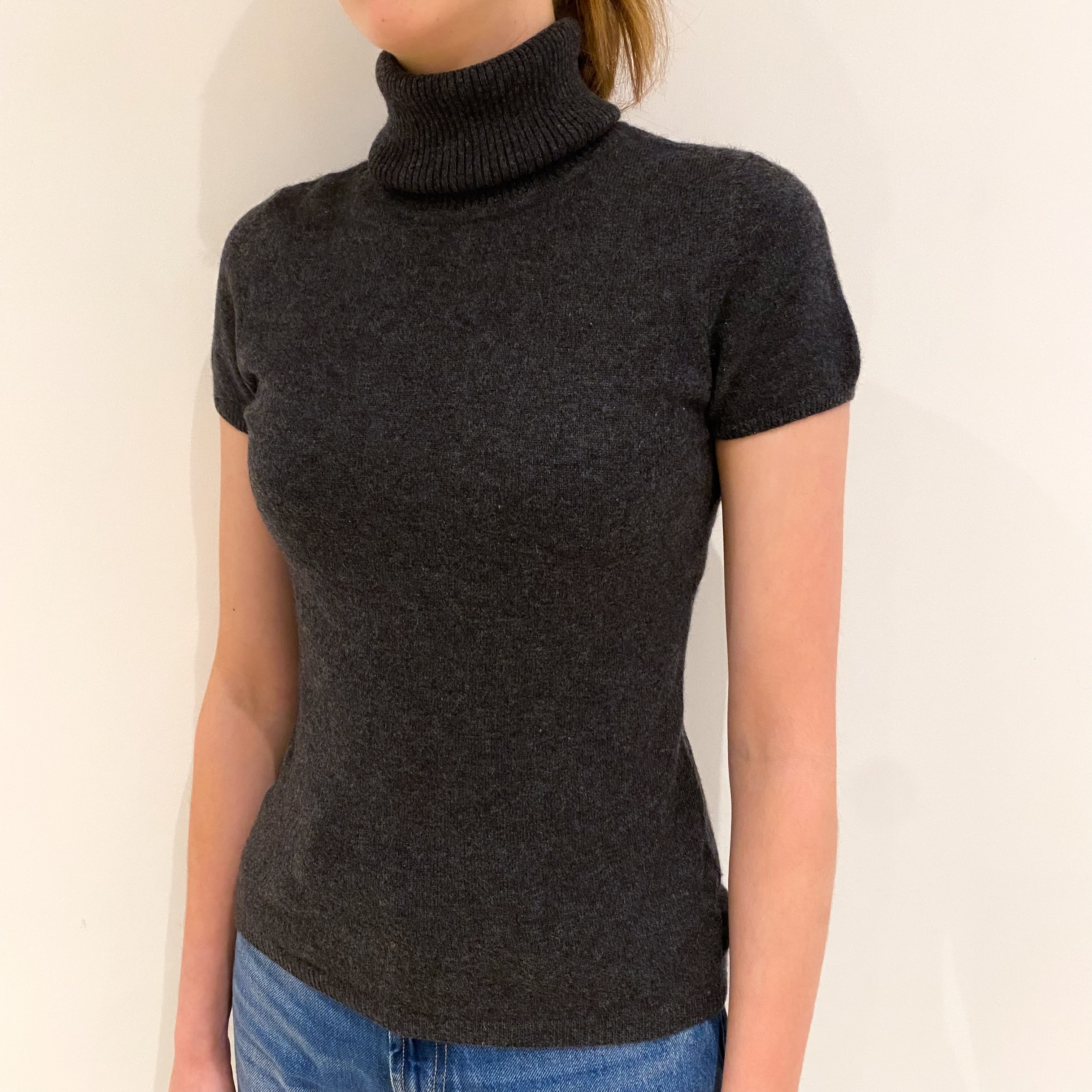 Charcoal Grey Cashmere Short Sleeve Polo Neck Jumper Extra Small