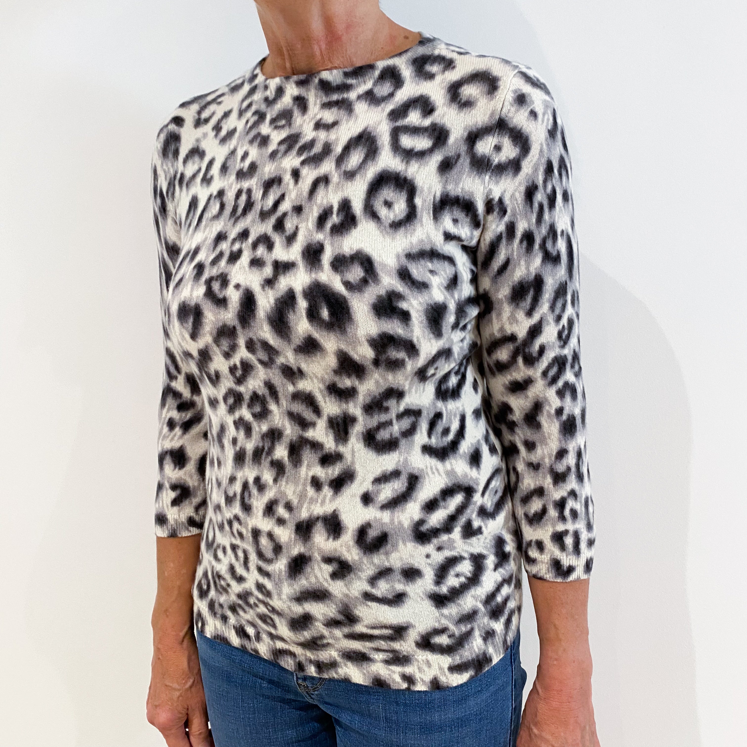 Black, Grey and Cream Animal Print Cashmere Crew Neck Jumper Medium