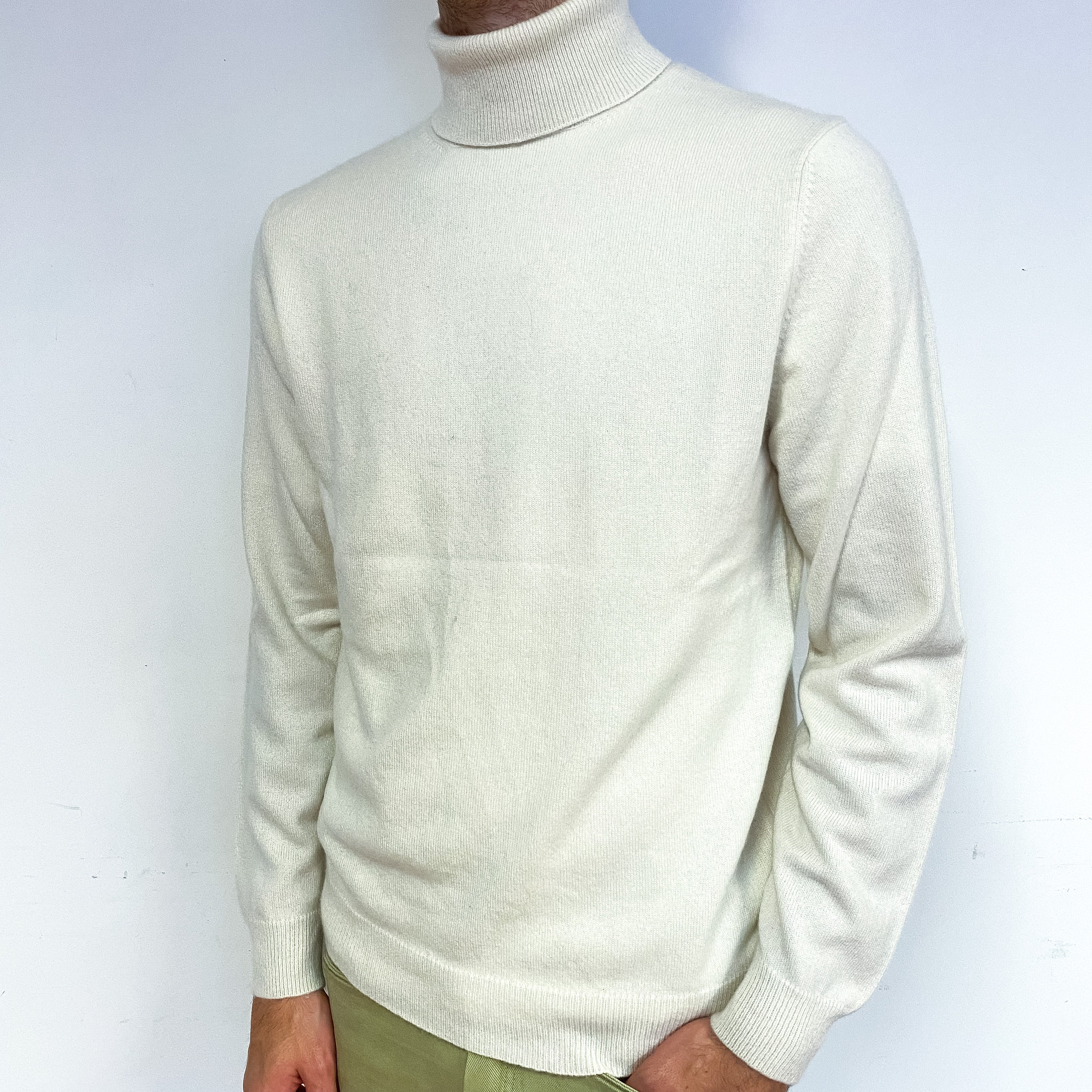 Men's Cream Cashmere Polo Neck Jumper Medium
