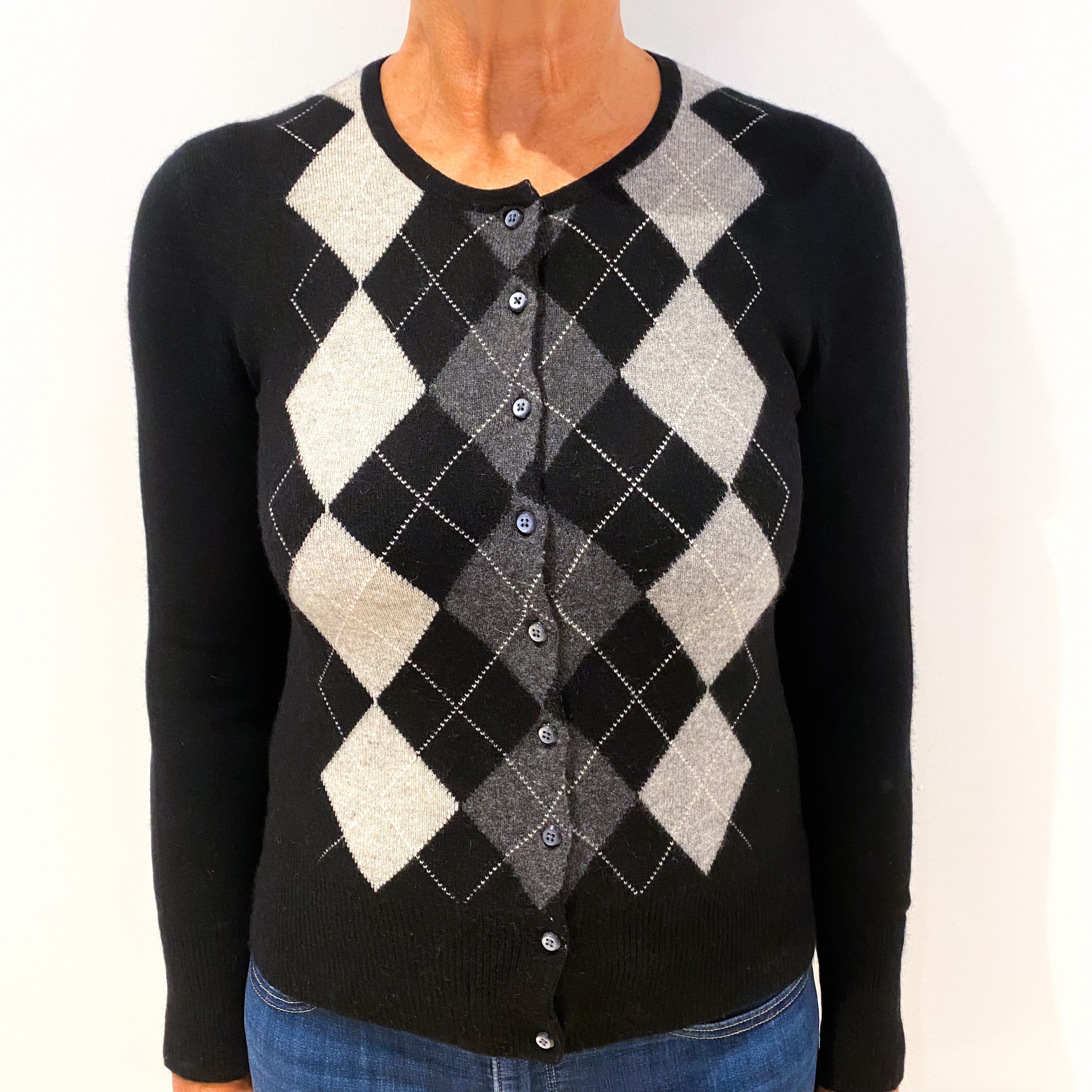 Black Grey Argyle Knit Cashmere Crew Neck Cardigan Medium