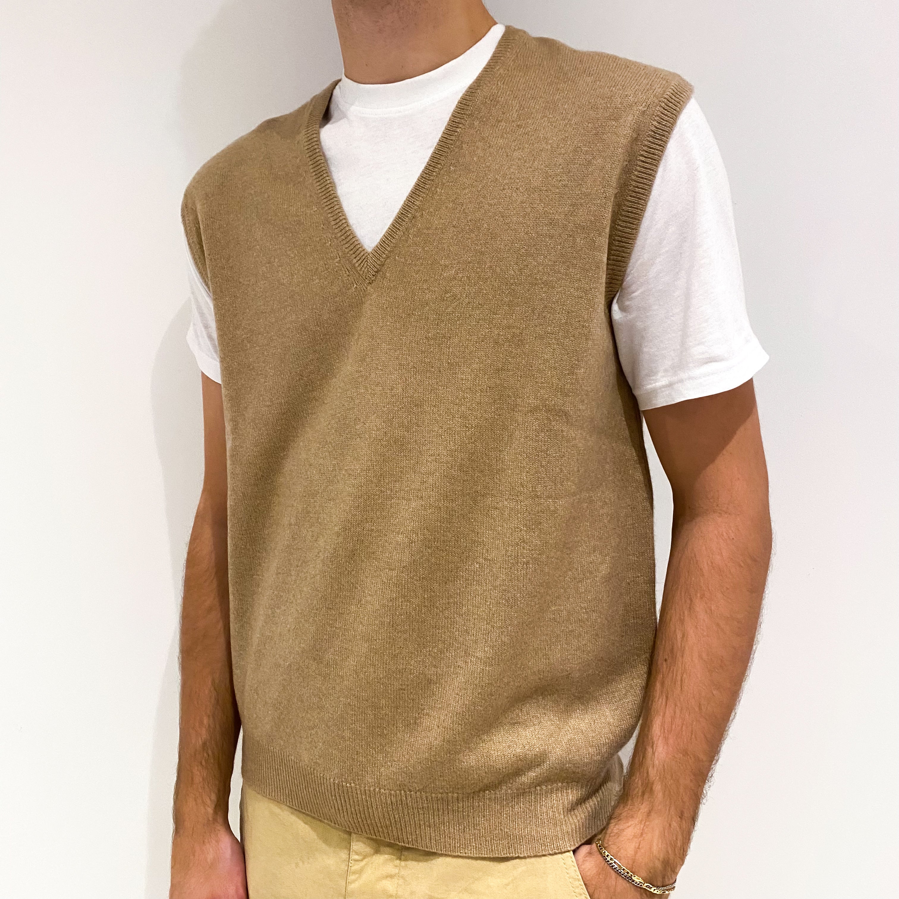 Men's Camel Brown Cashmere V-Neck Tank Top Large