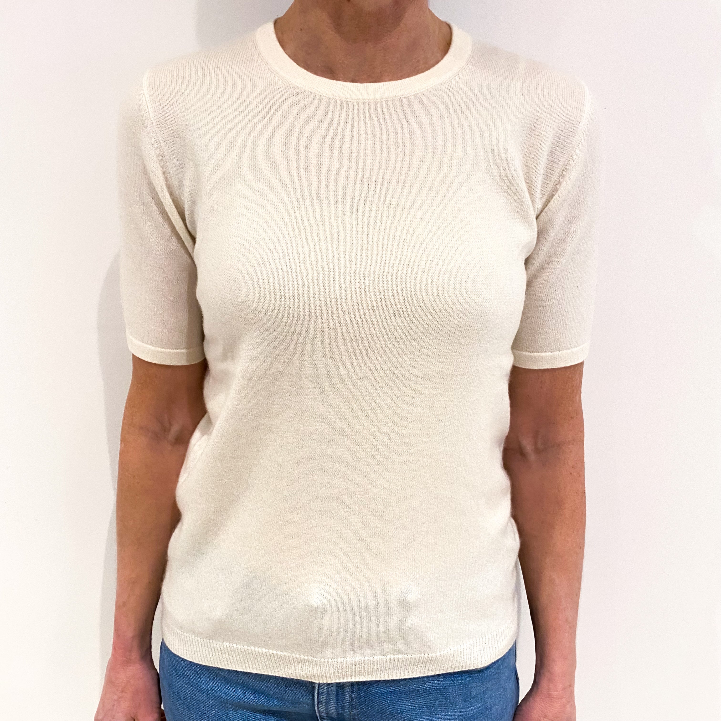 Vanilla Cream Short Sleeves Cashmere Crew Neck Jumper Small