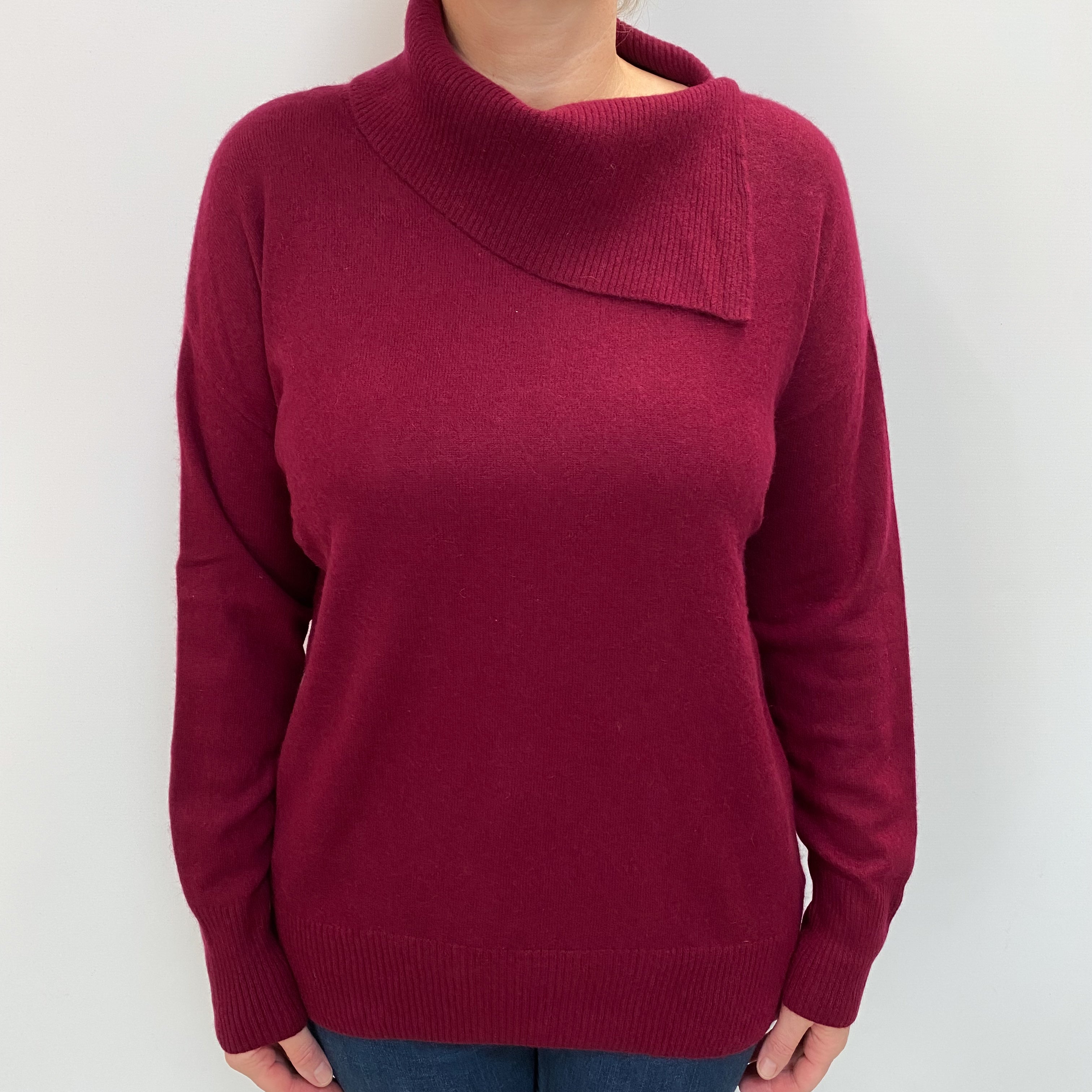 Burgundy Red Cashmere Split Polo Neck Jumper Large
