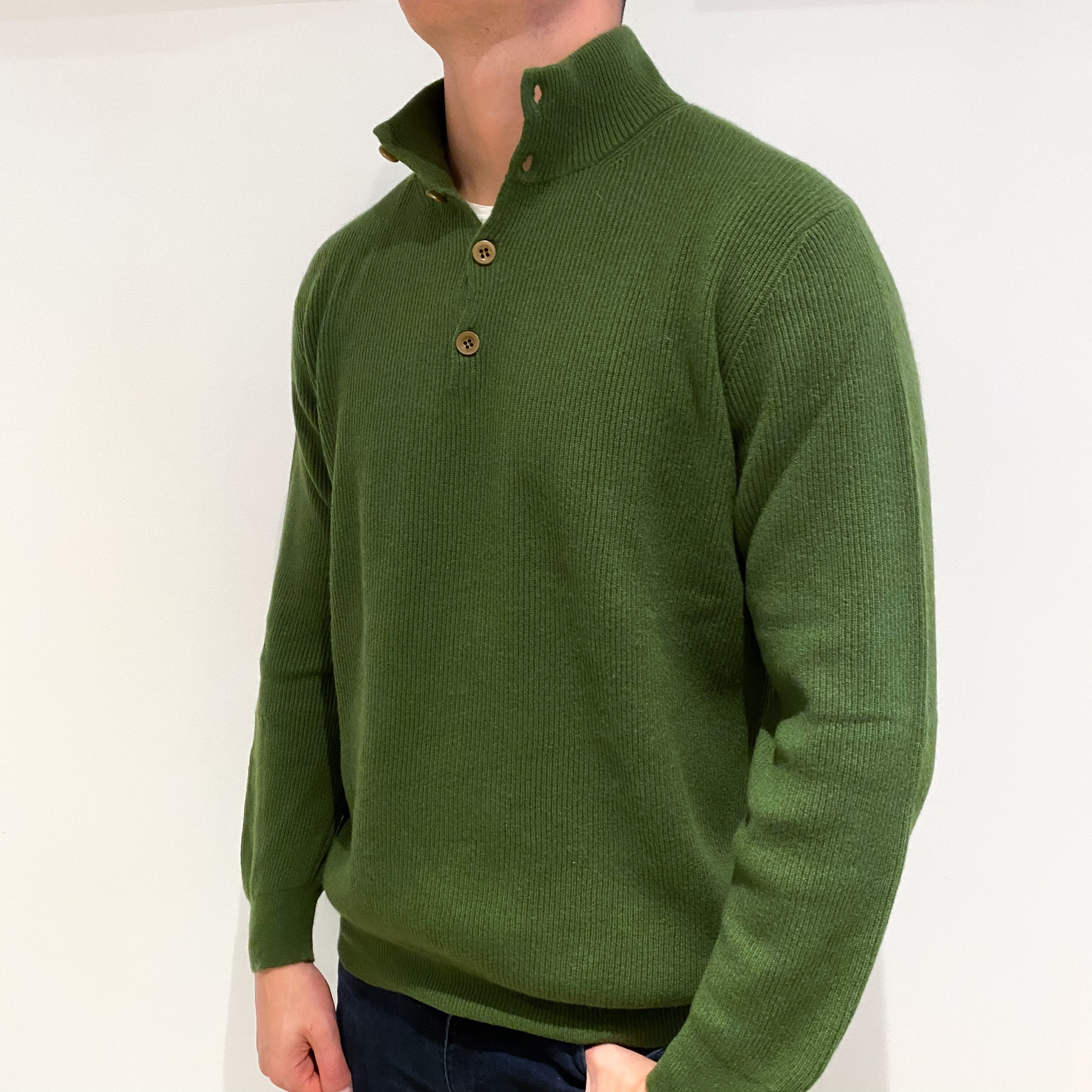 Men's Fern Green Cashmere Quarter Button Jumper Extra Large