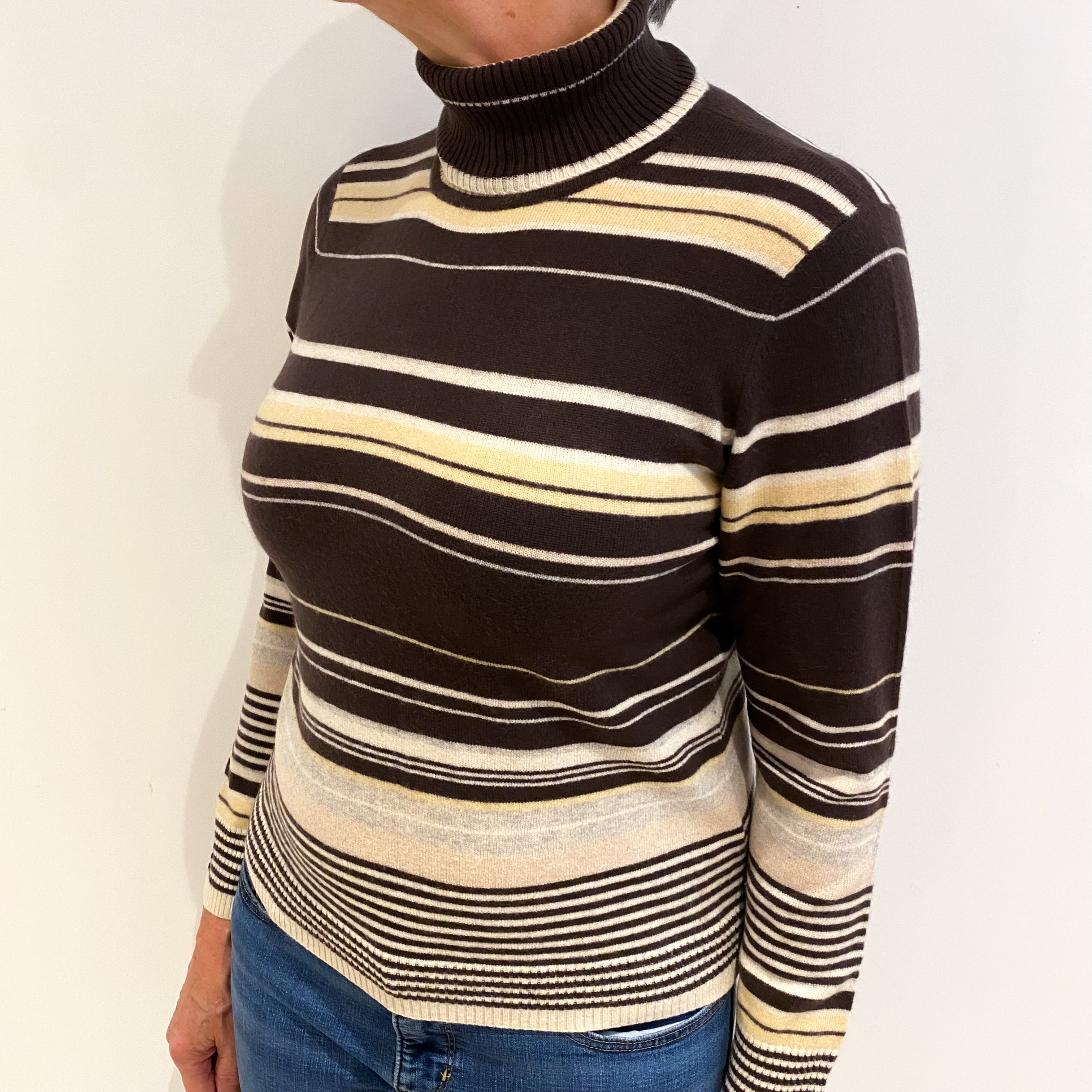 Oatmeal Brown Striped Cashmere Polo Neck Jumper Medium