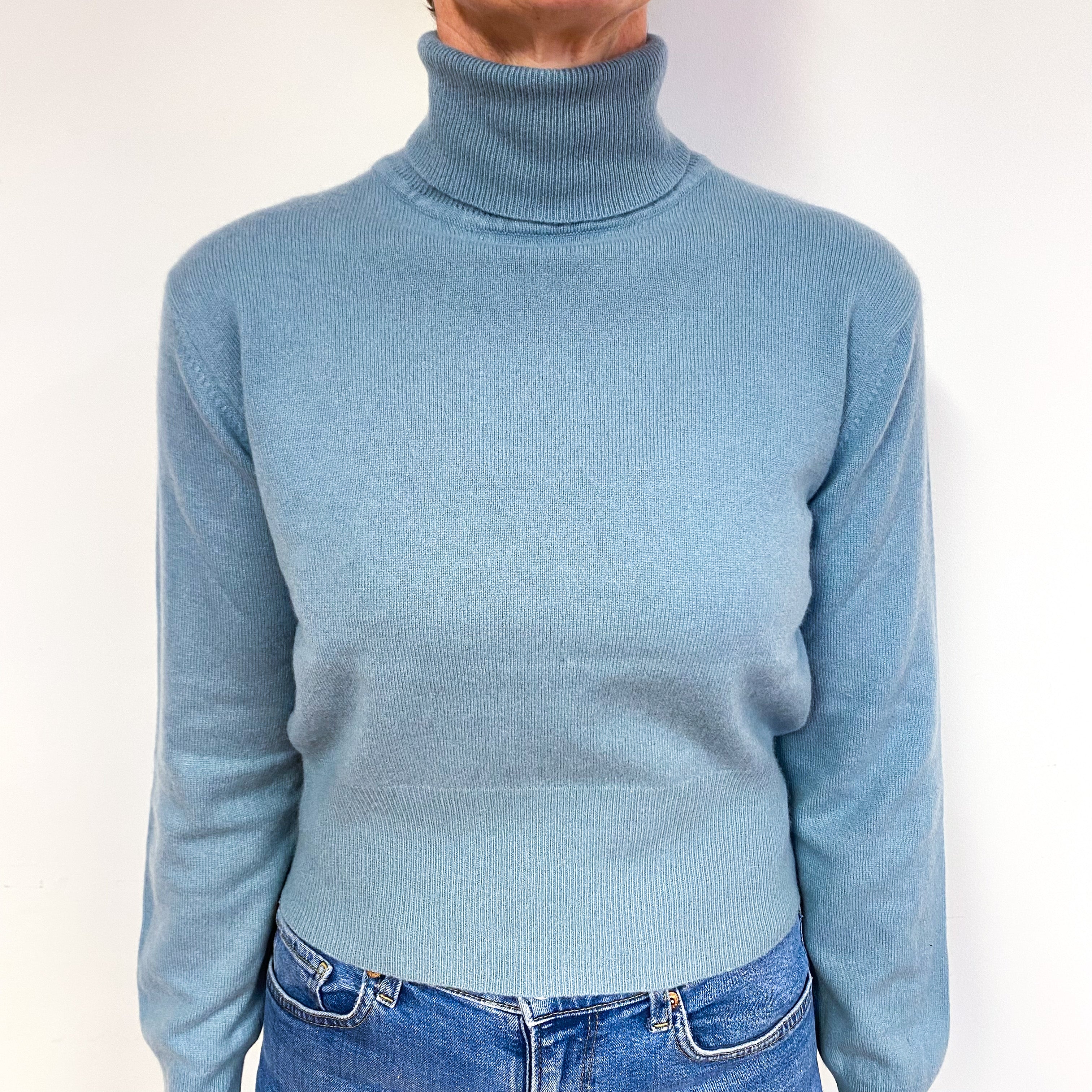Duck Egg Blue Cashmere Polo Neck Jumper Medium