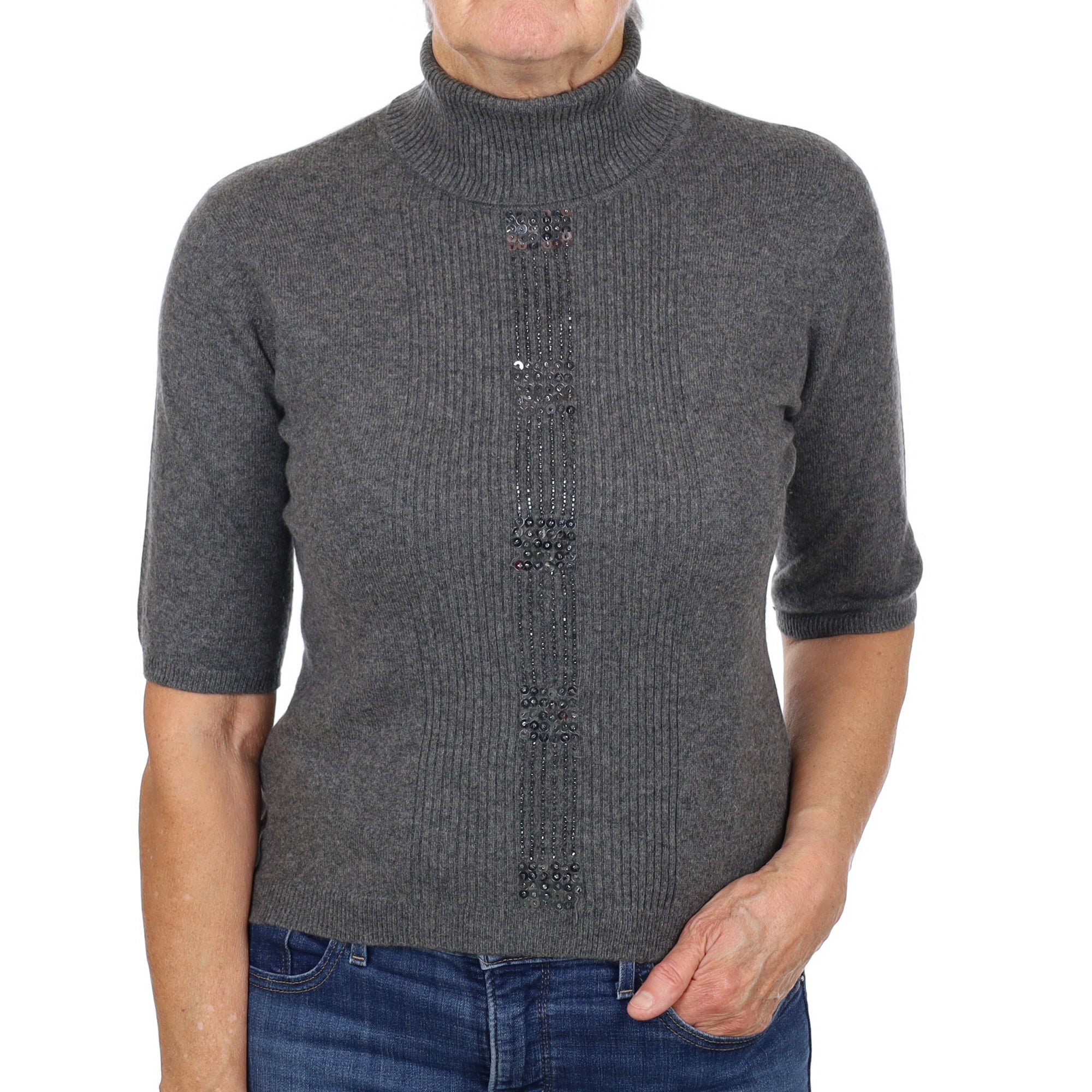 Ash Grey Cashmere Polo Neck Short Sleeved Jumper Medium