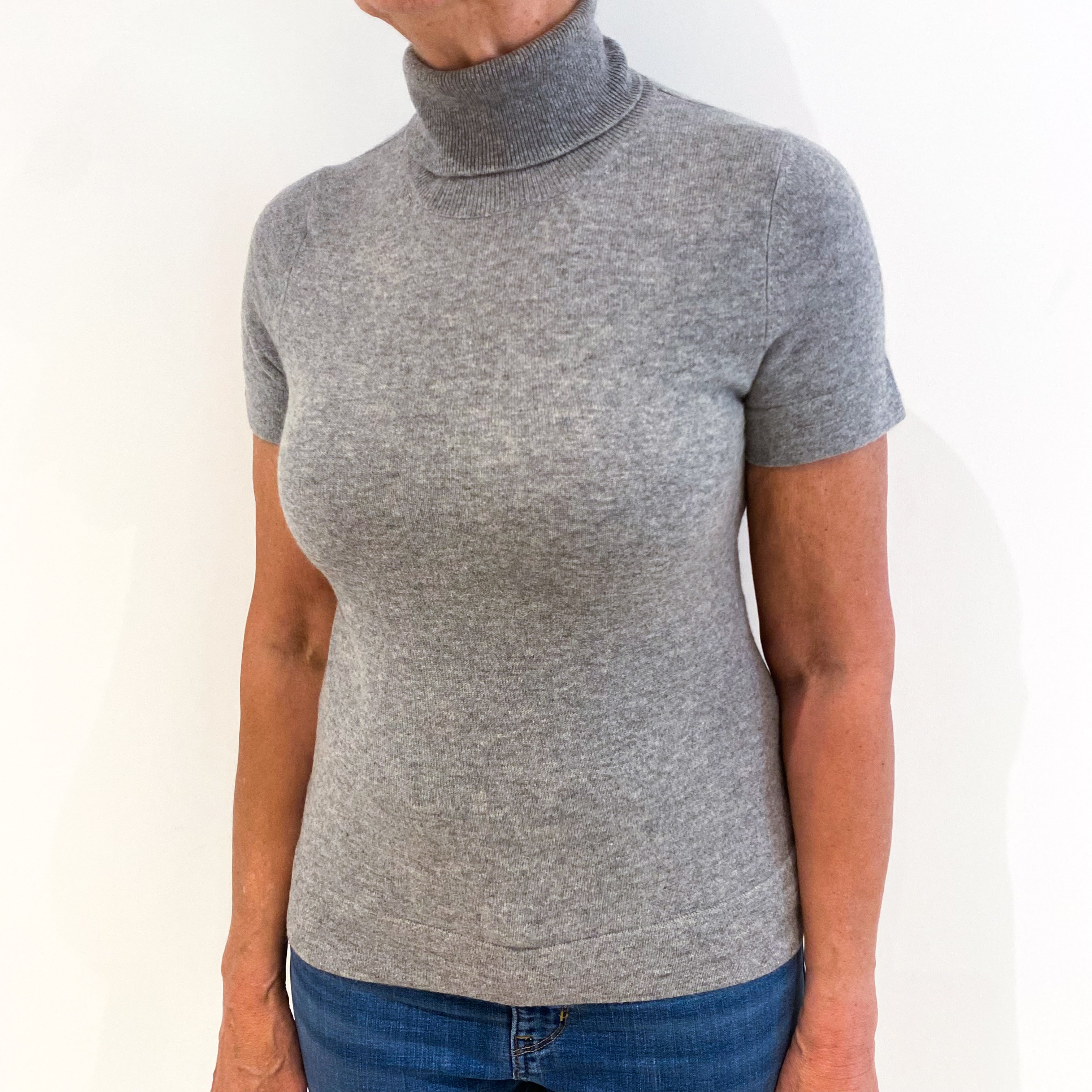 Smoke Grey Cashmere Short Sleeved Polo Neck Jumper Medium