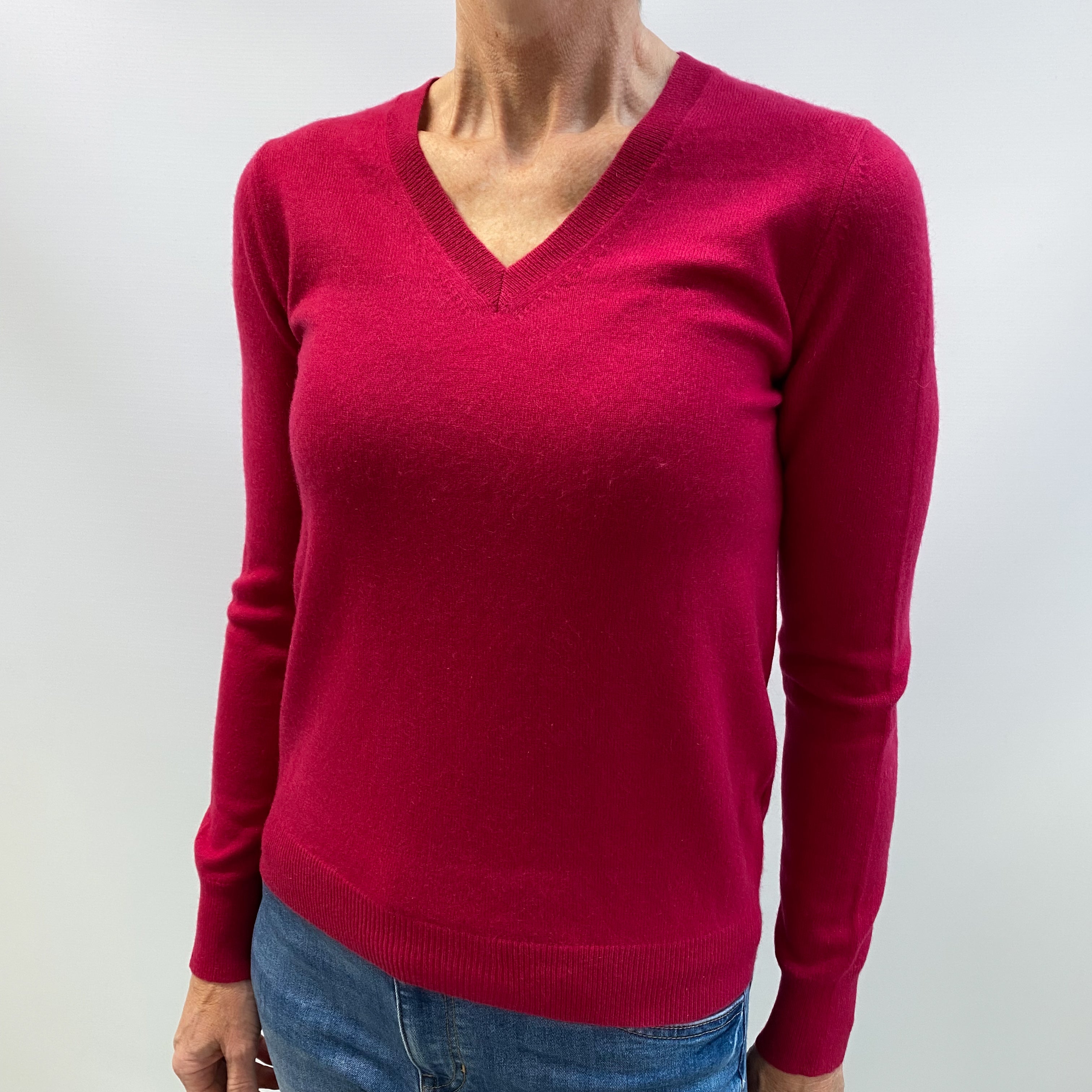 Cherry Red Cashmere V Neck Jumper Small