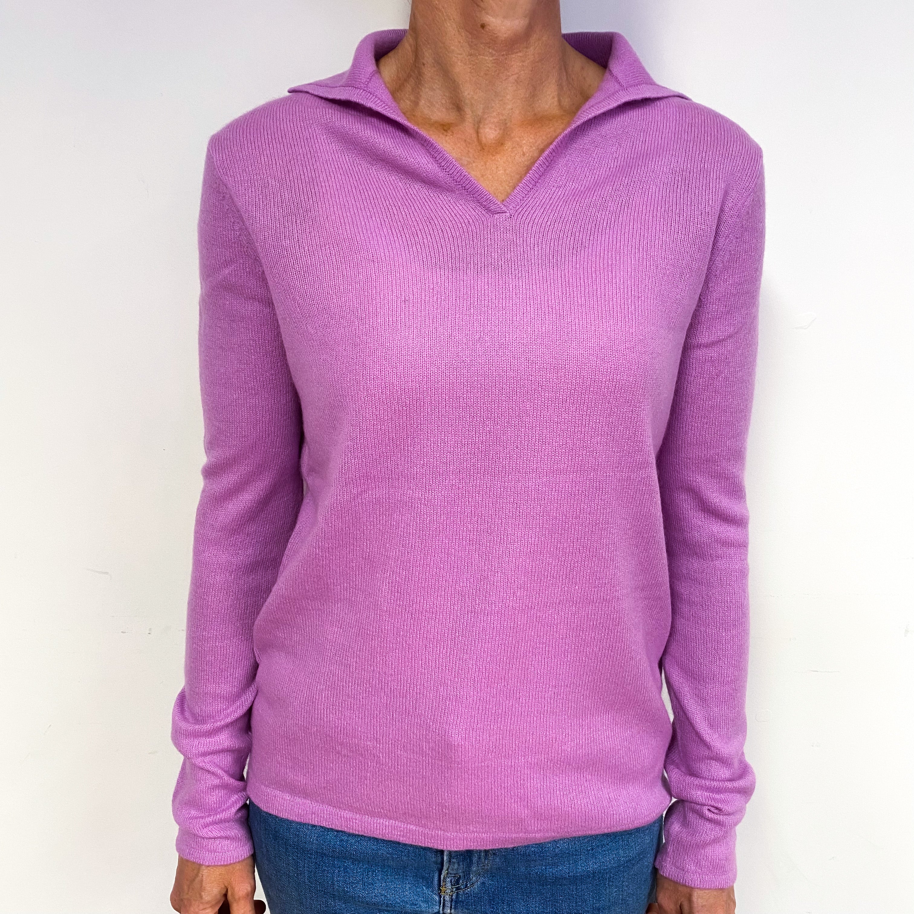 Mauve Purple Cashmere Collared V-Neck Jumper Medium