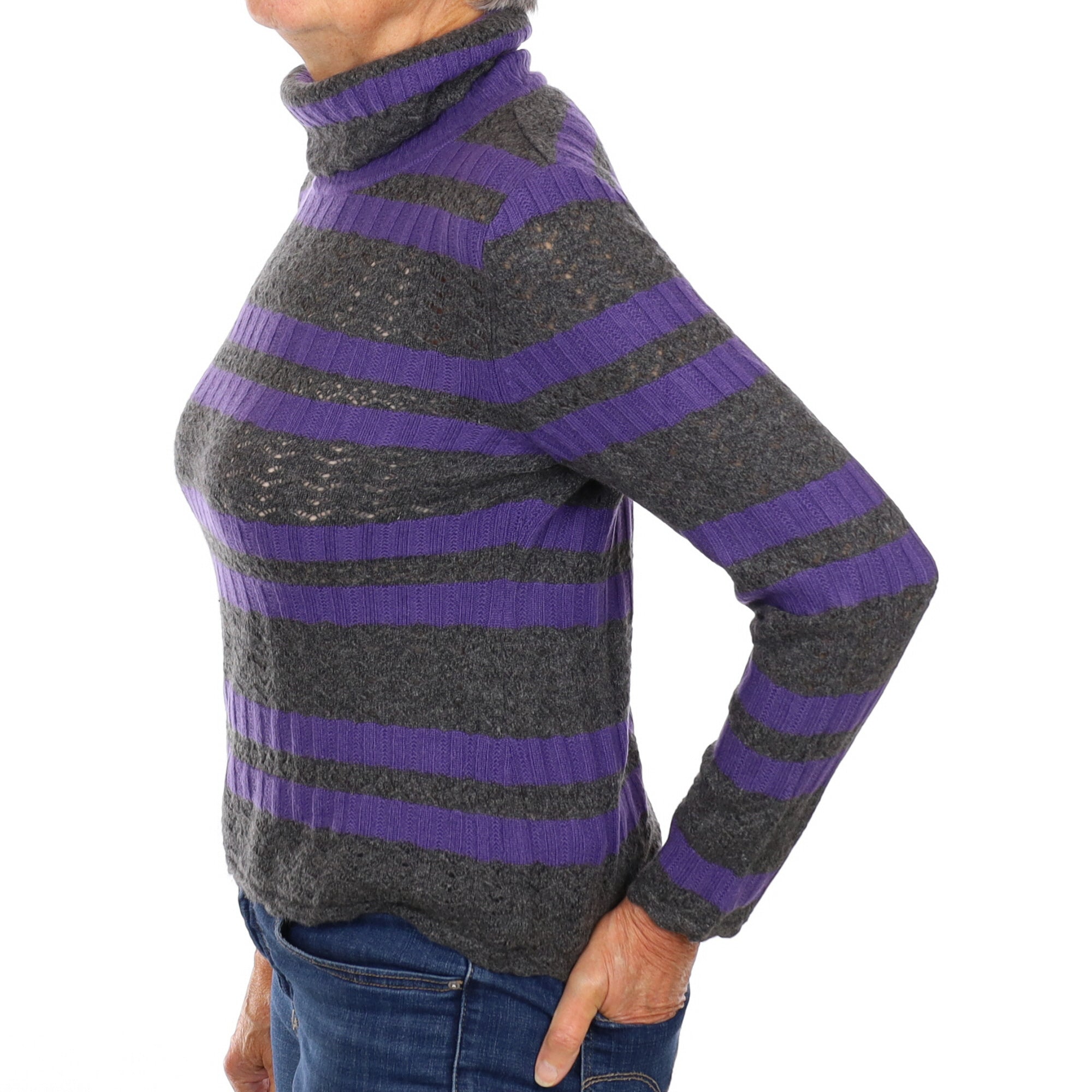Purple Grey Lace Knit Cashmere Polo Neck Jumper Medium