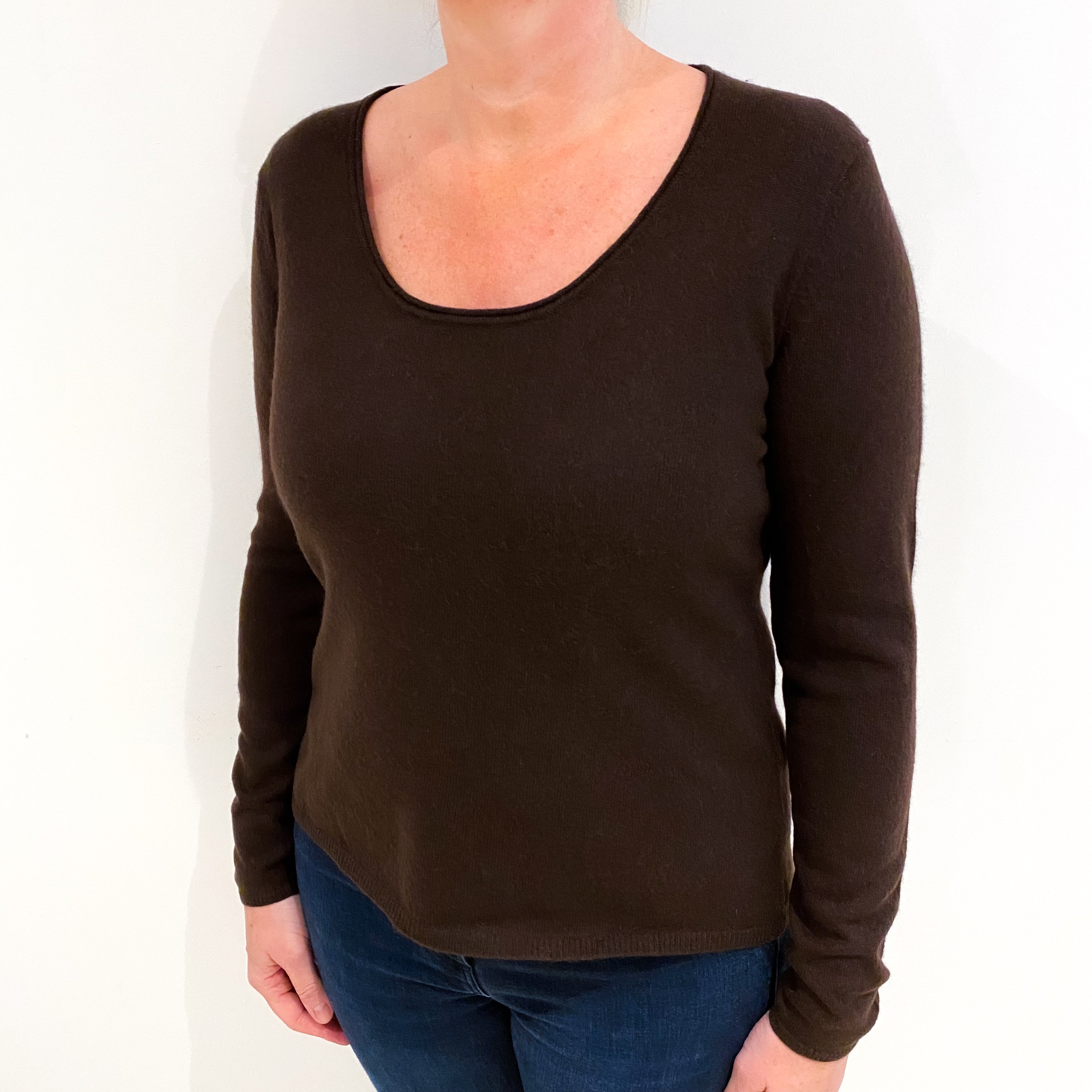 Chocolate Brown Cashmere Scoop Neck Jumper Large