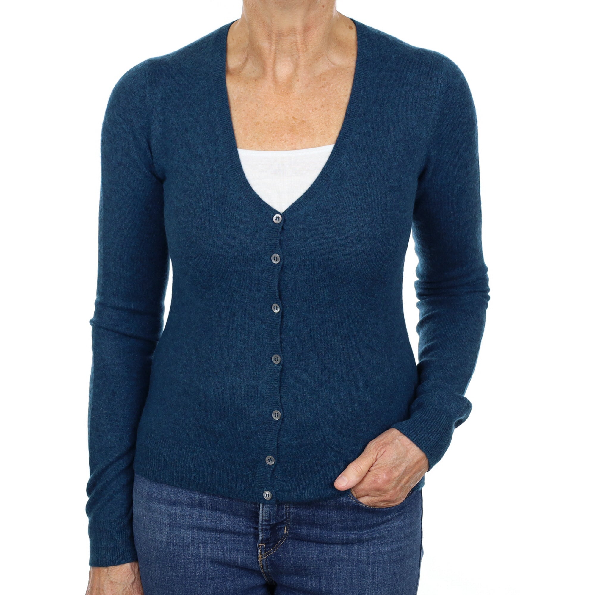 Petrol Blue Cashmere V Neck Cardigan Medium