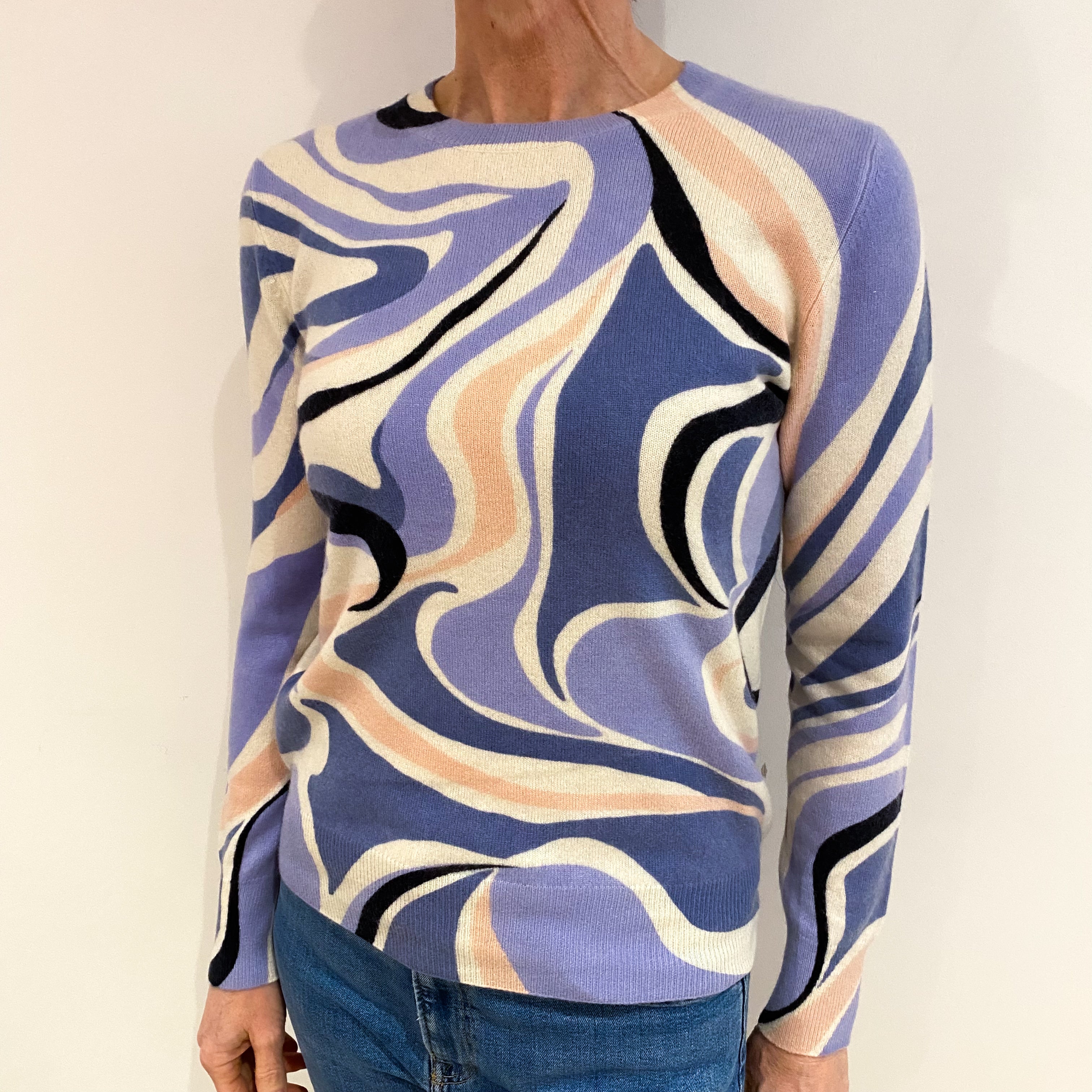 Blue Swirl Patterned Cashmere Crew Neck Jumper Small