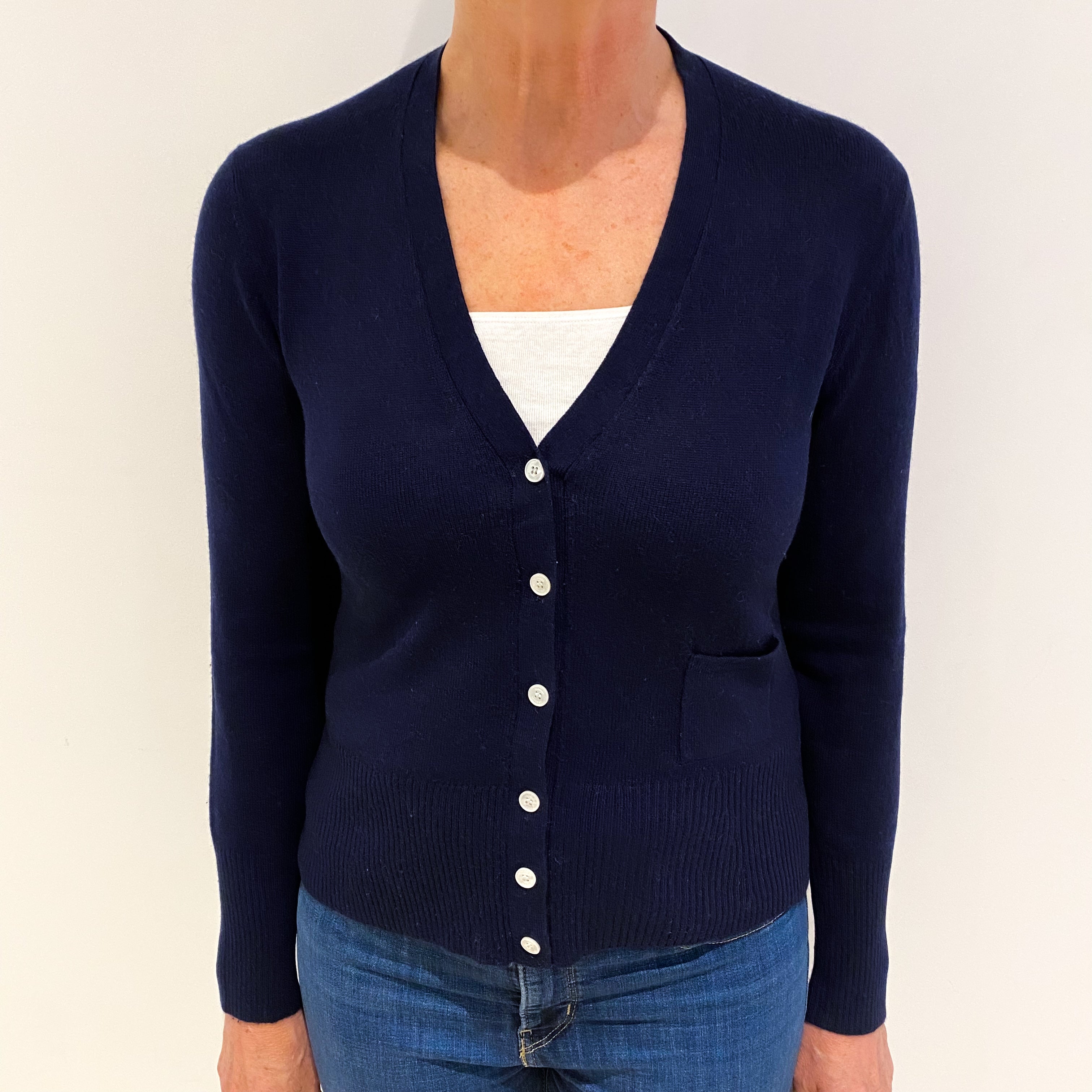 Italian Navy Blue Cashmere V Neck Cardigan Medium