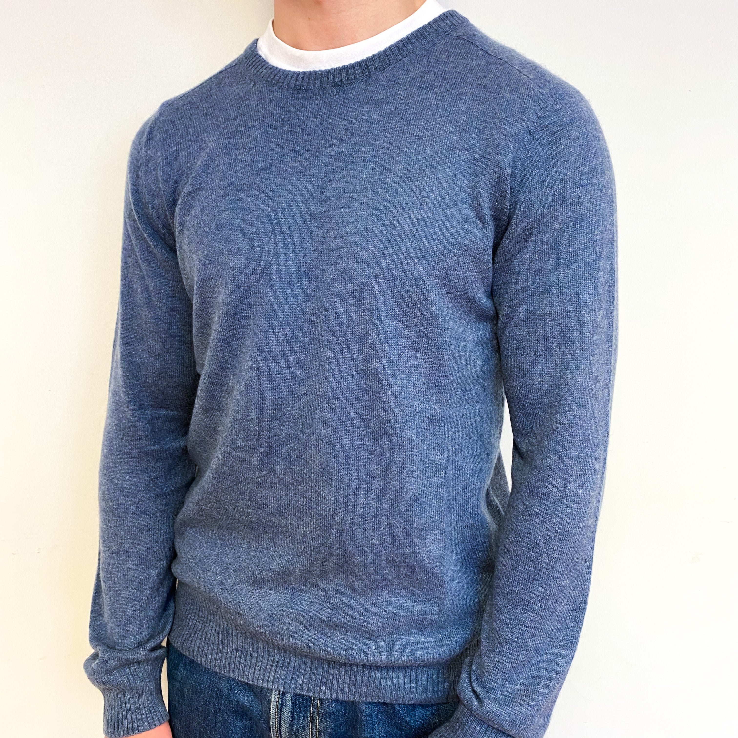 Men's Denim Blue Cashmere Crew Neck Jumper Small