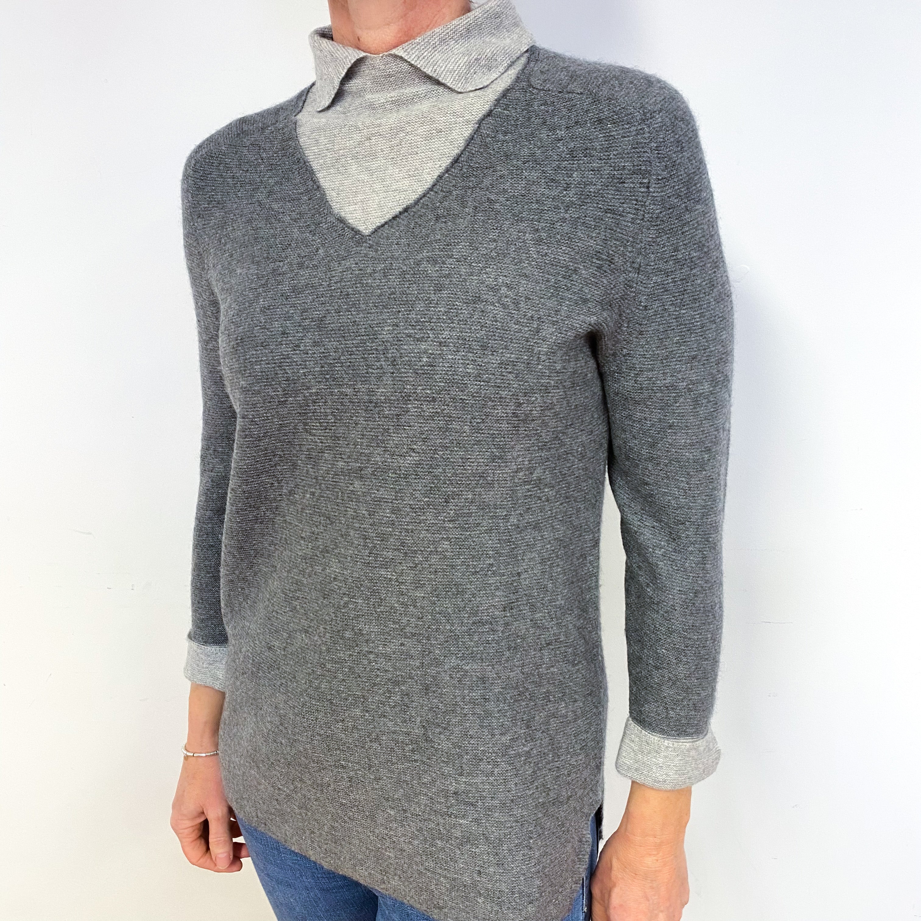 Two Tone Cashmere Mock V-Neck Jumper Medium