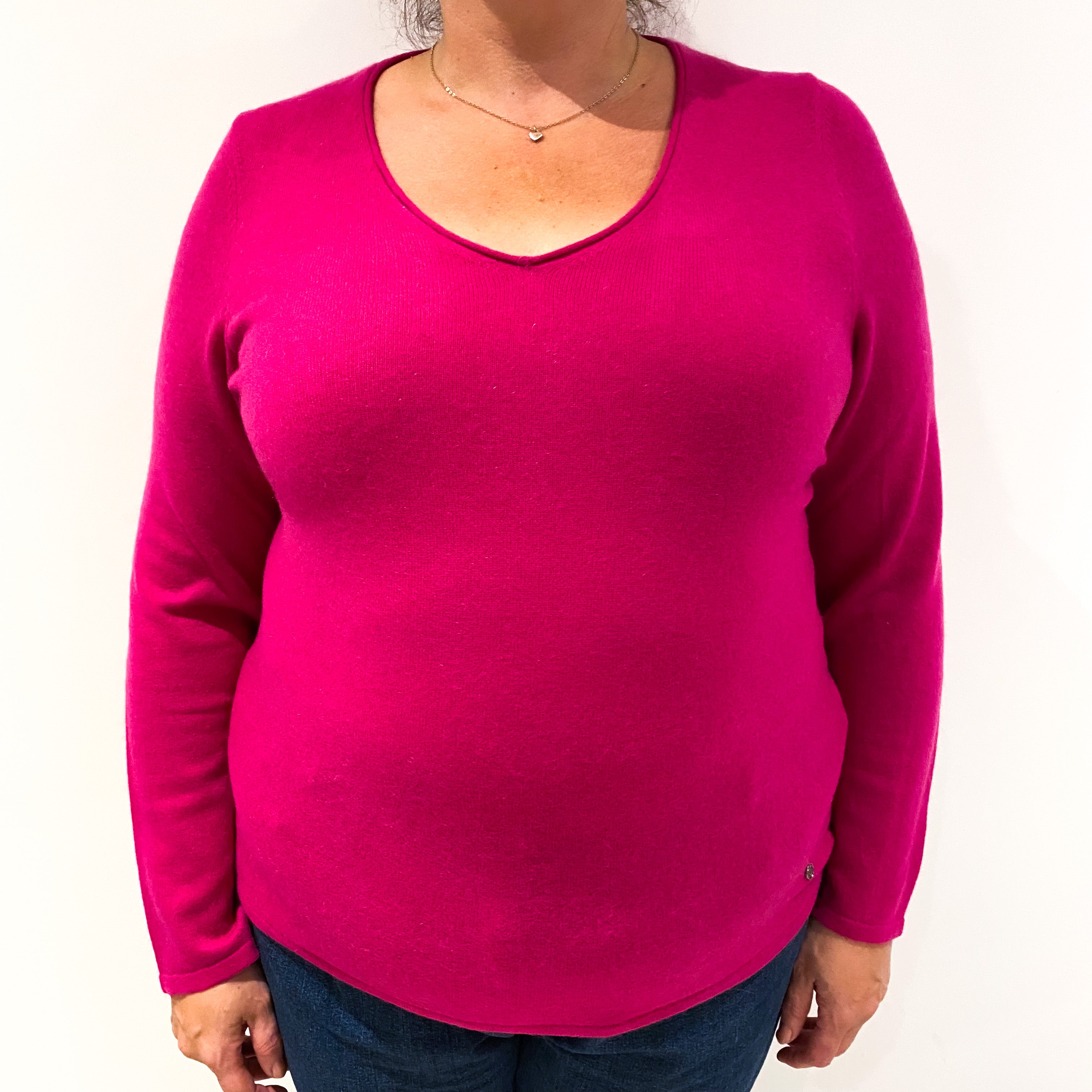 Magenta Pink Cashmere V-Neck Jumper Extra Large