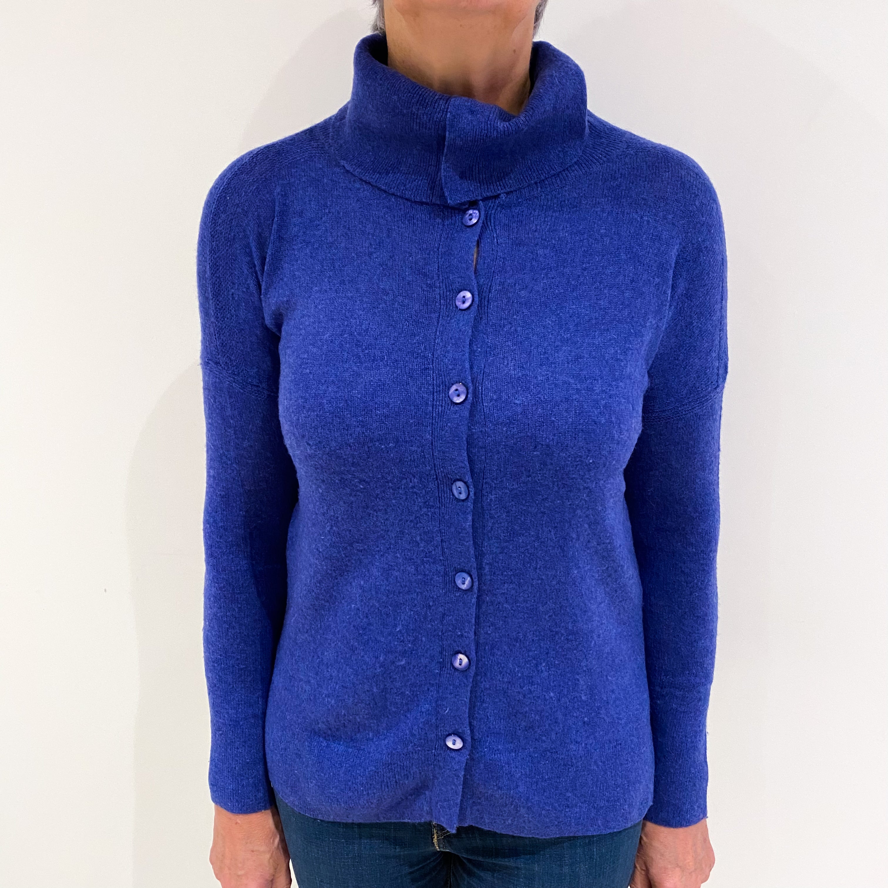 Tanzanite Blue Cashmere Polo Collar Cardigan Medium