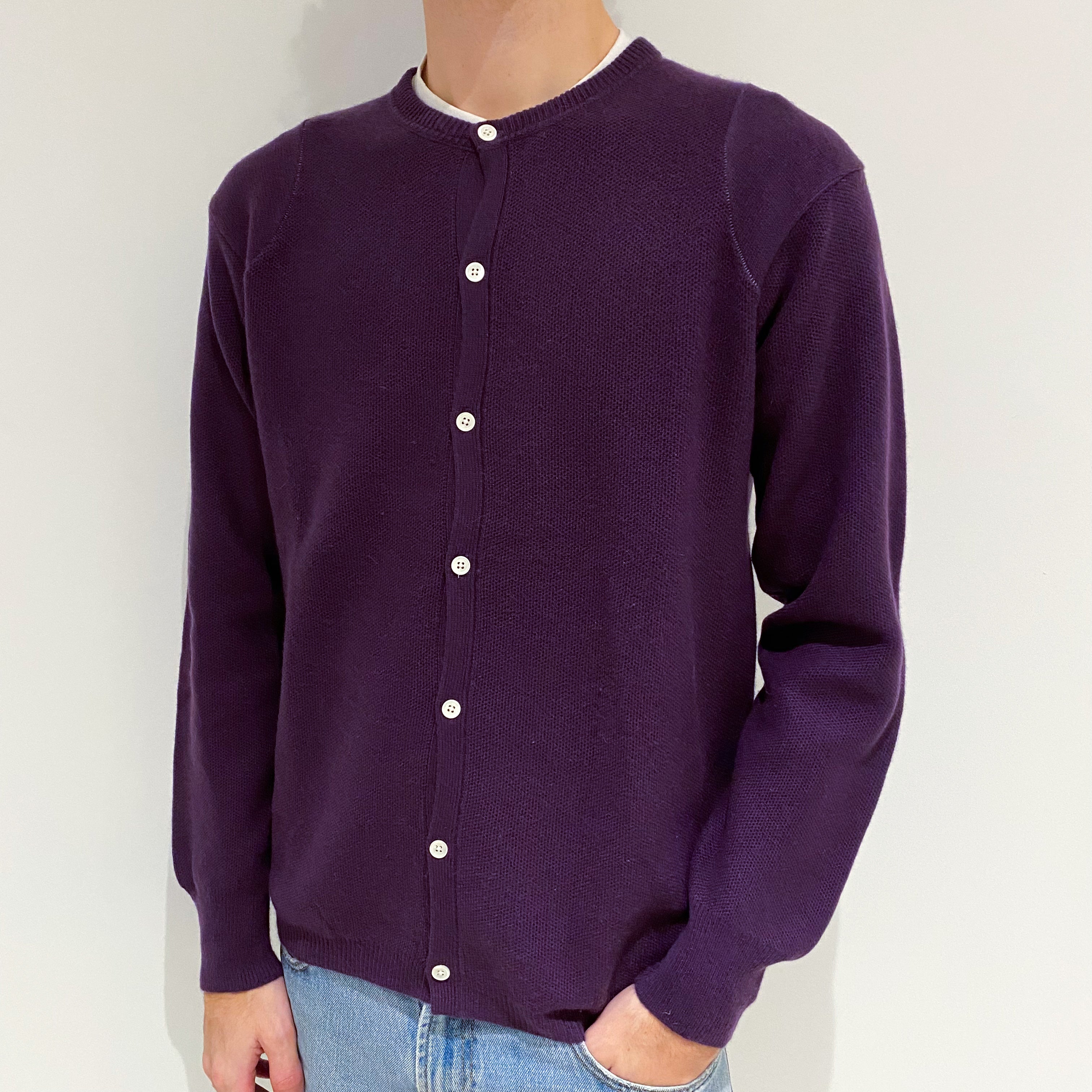 Men's Blueberry Purple Waffle Cashmere Crew Neck Cardigan Large