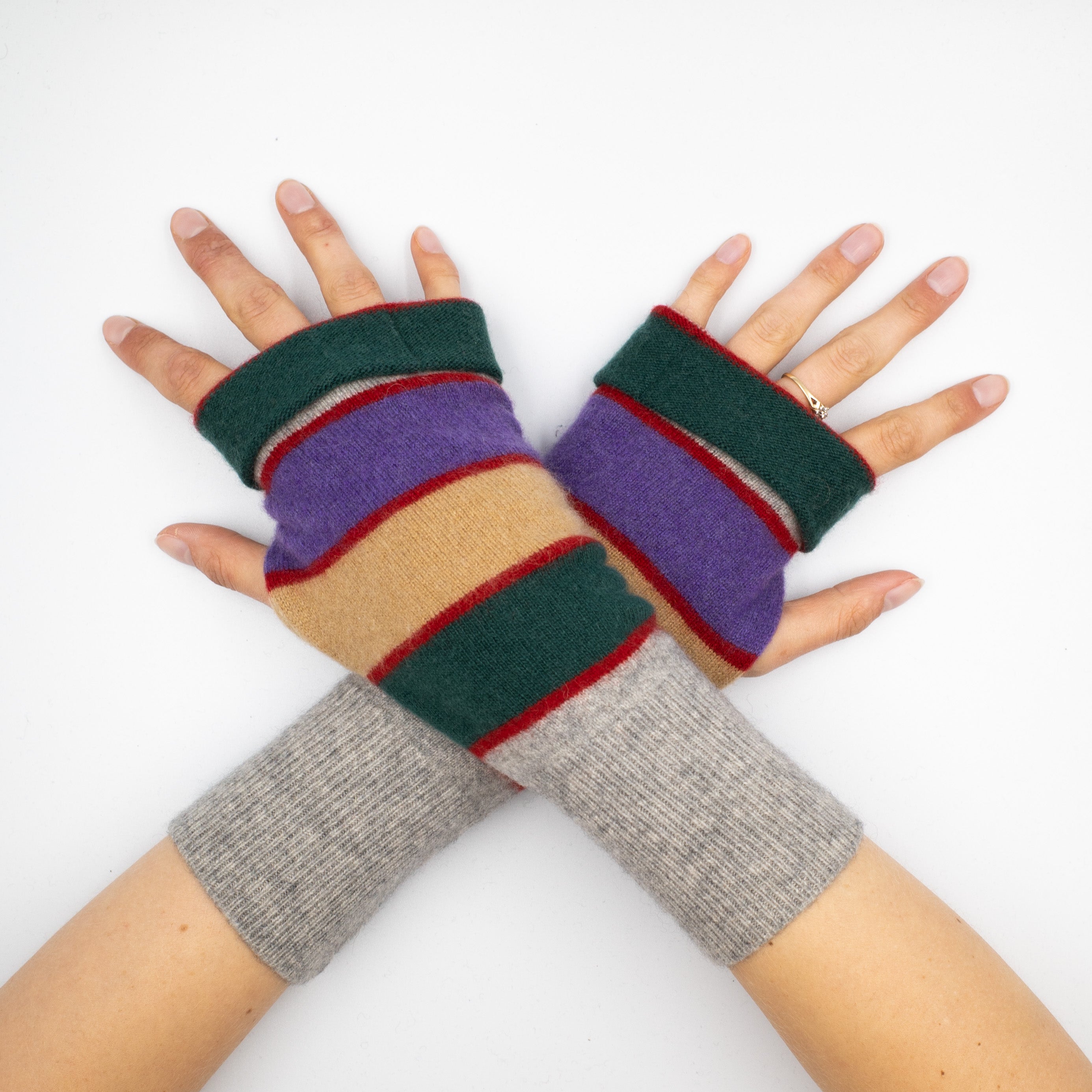 Grey Green and Purple Fingerless Gloves Striped