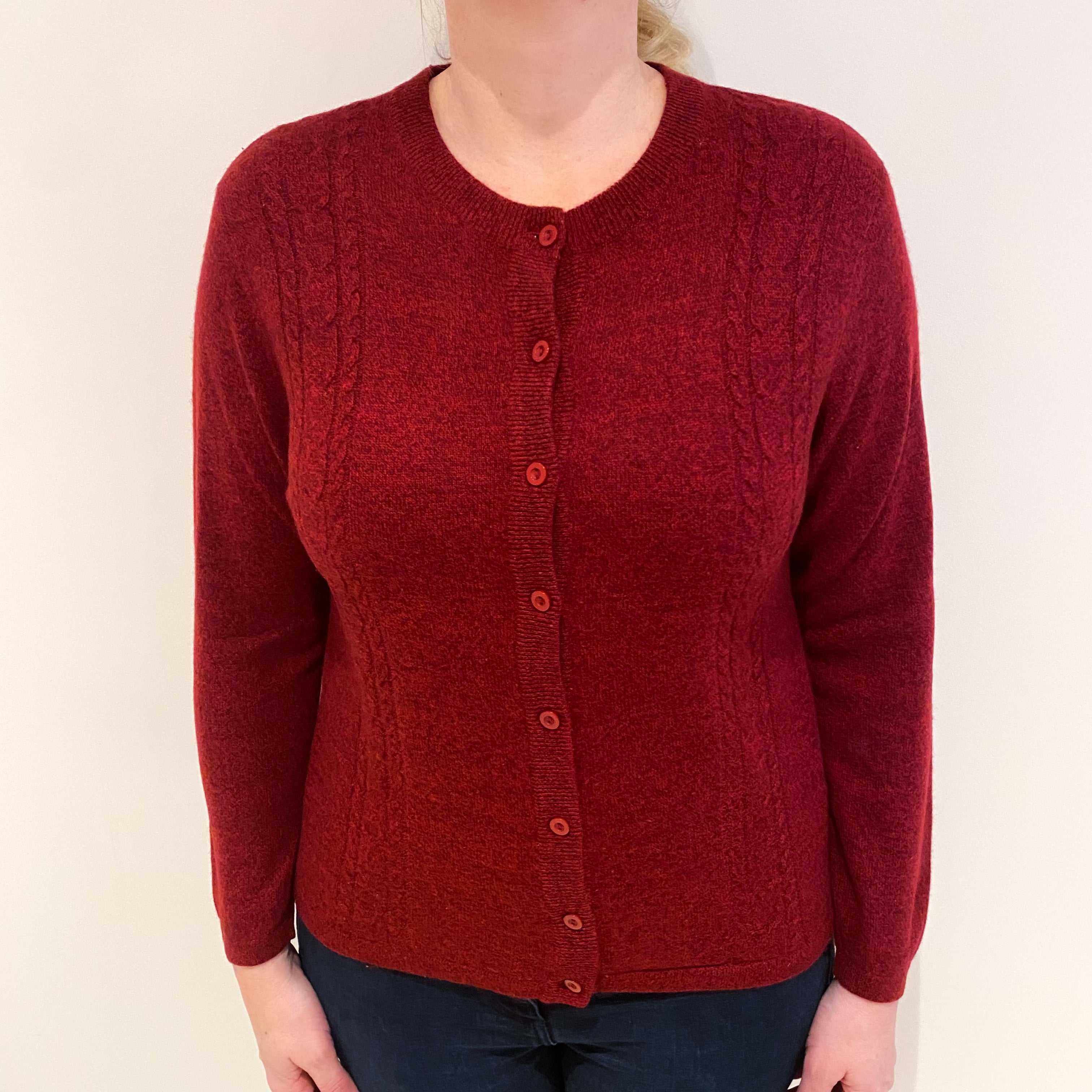Crimson Red Marl Cashmere Crew Neck Cardigan Large