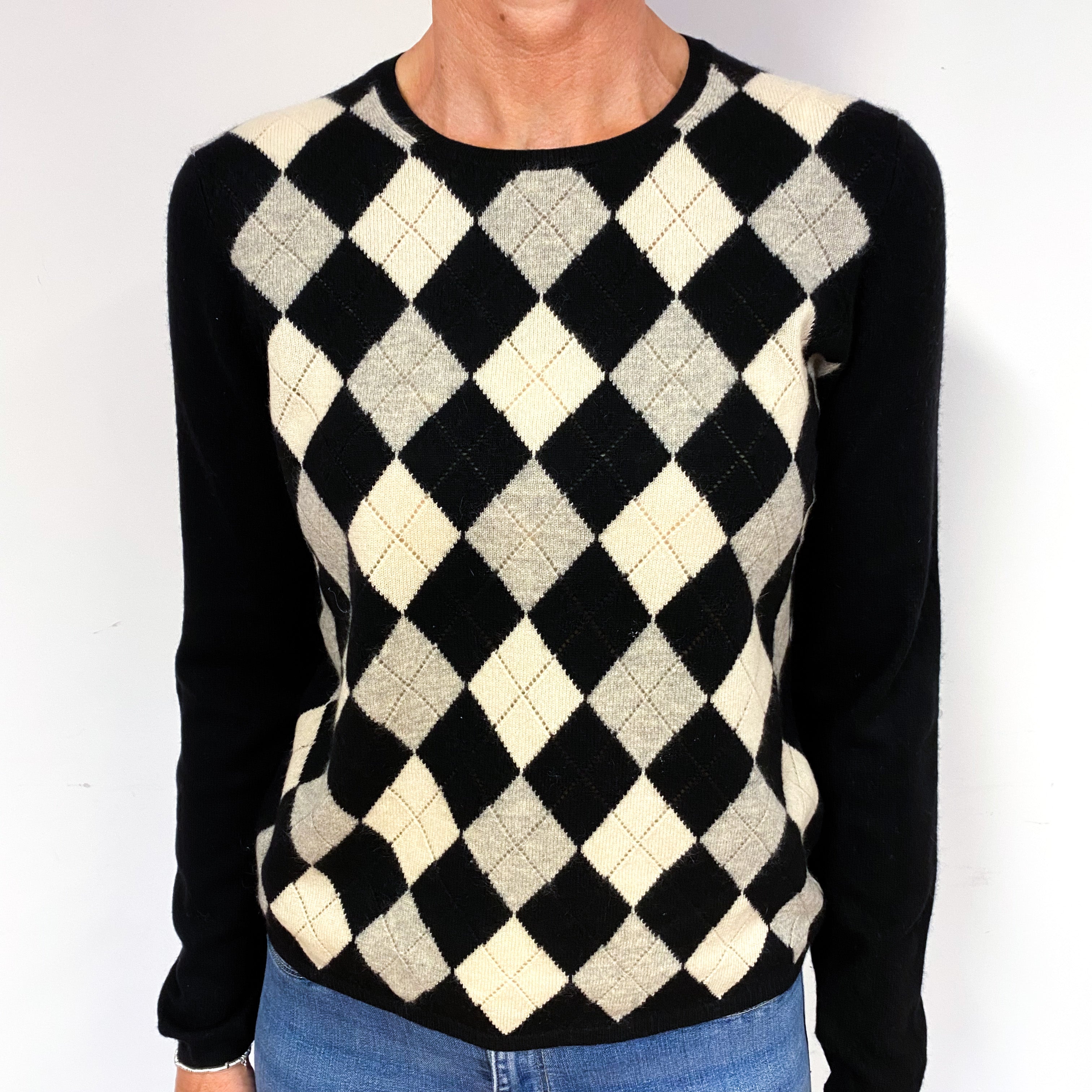 Black Grey Diamond Cashmere Crew Neck Jumper Medium