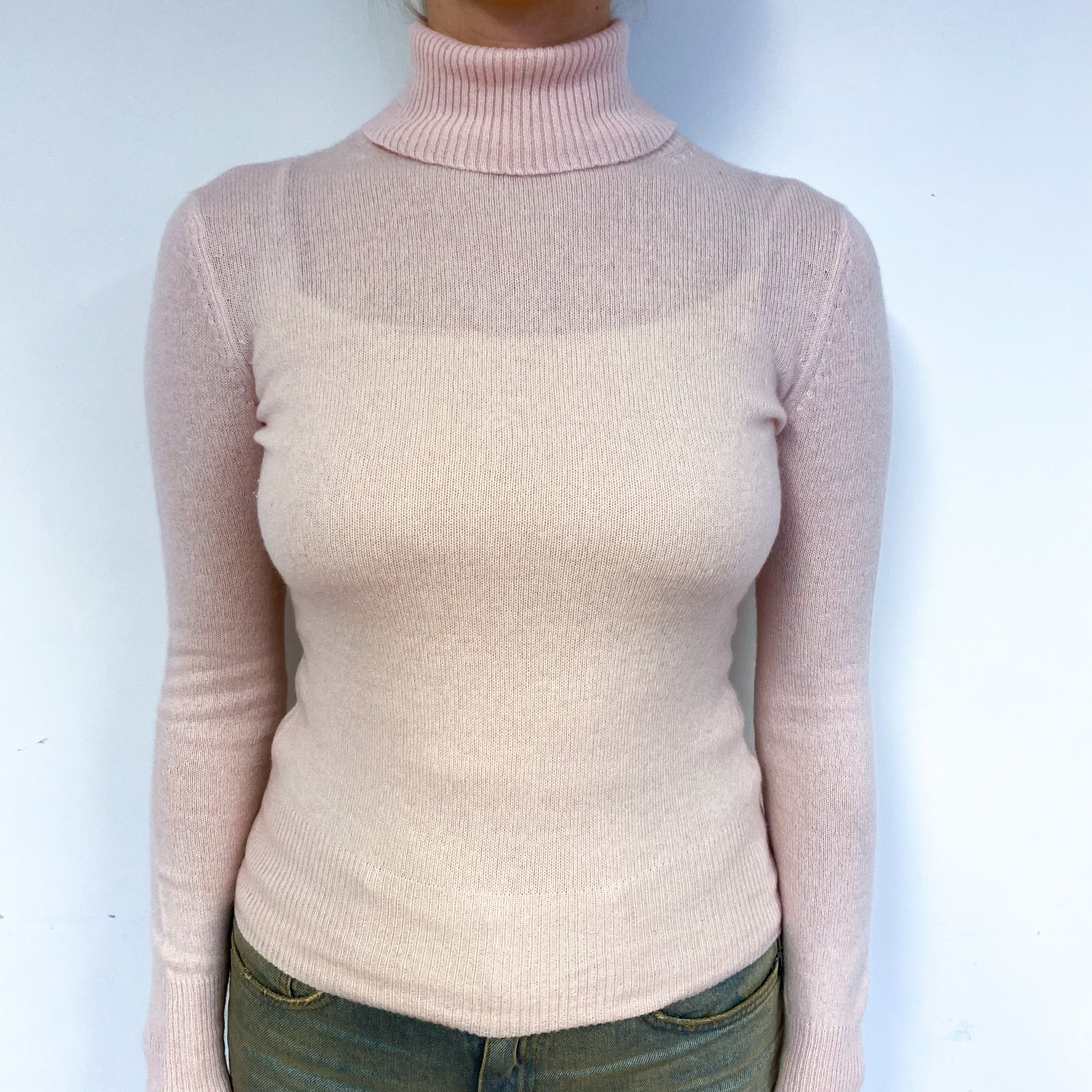 Shell Pink Lightweight Cashmere Polo Neck Jumper Small