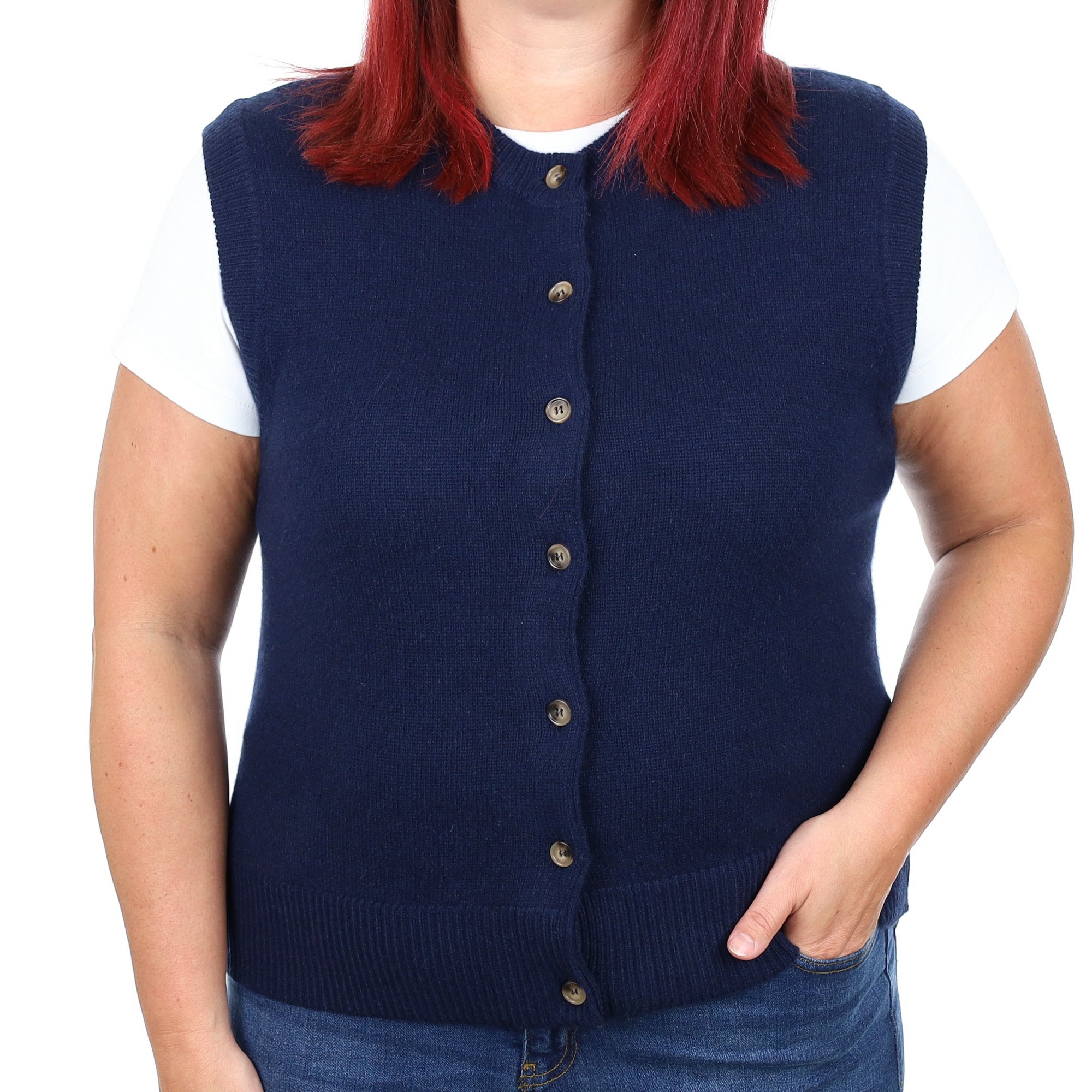 Brand New Navy Luxury Cashmere Crew Neck Waistcoat Large UK 16-18