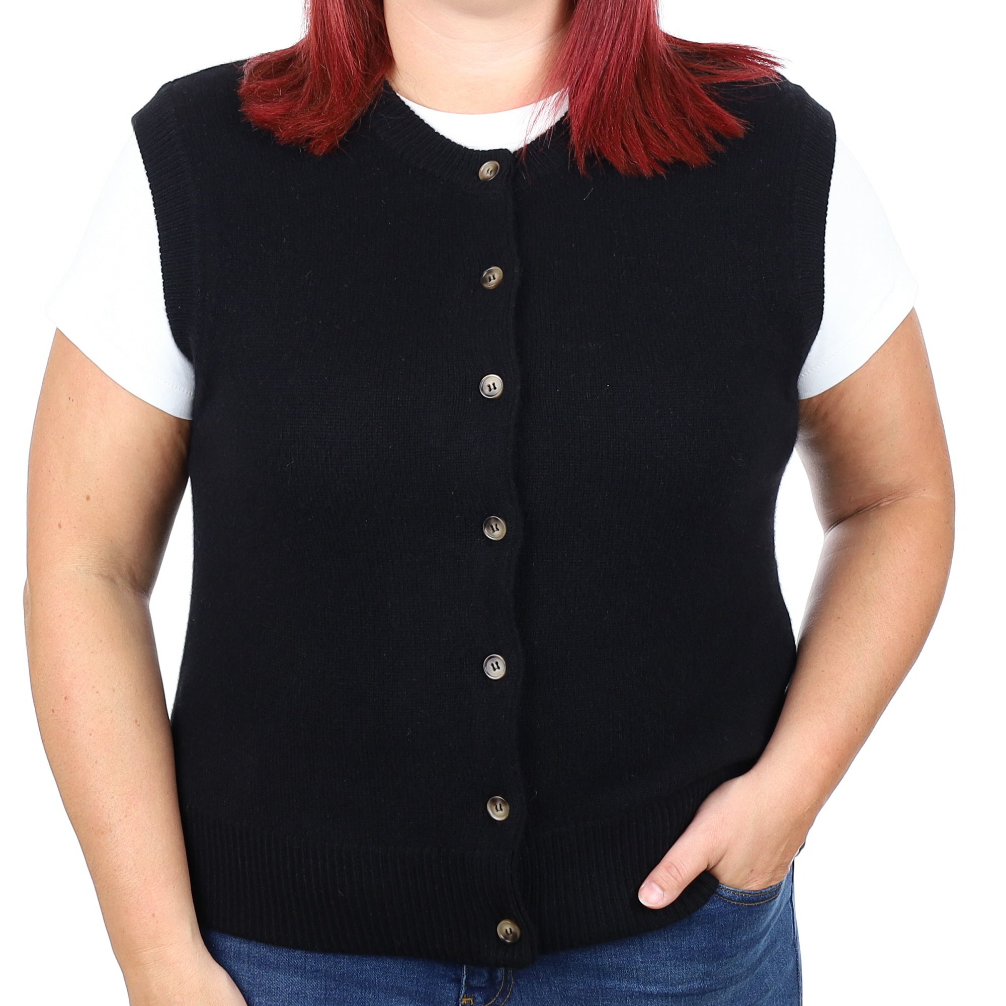 Brand New Black Luxury Cashmere Crew Neck Waistcoat Large UK 16-18