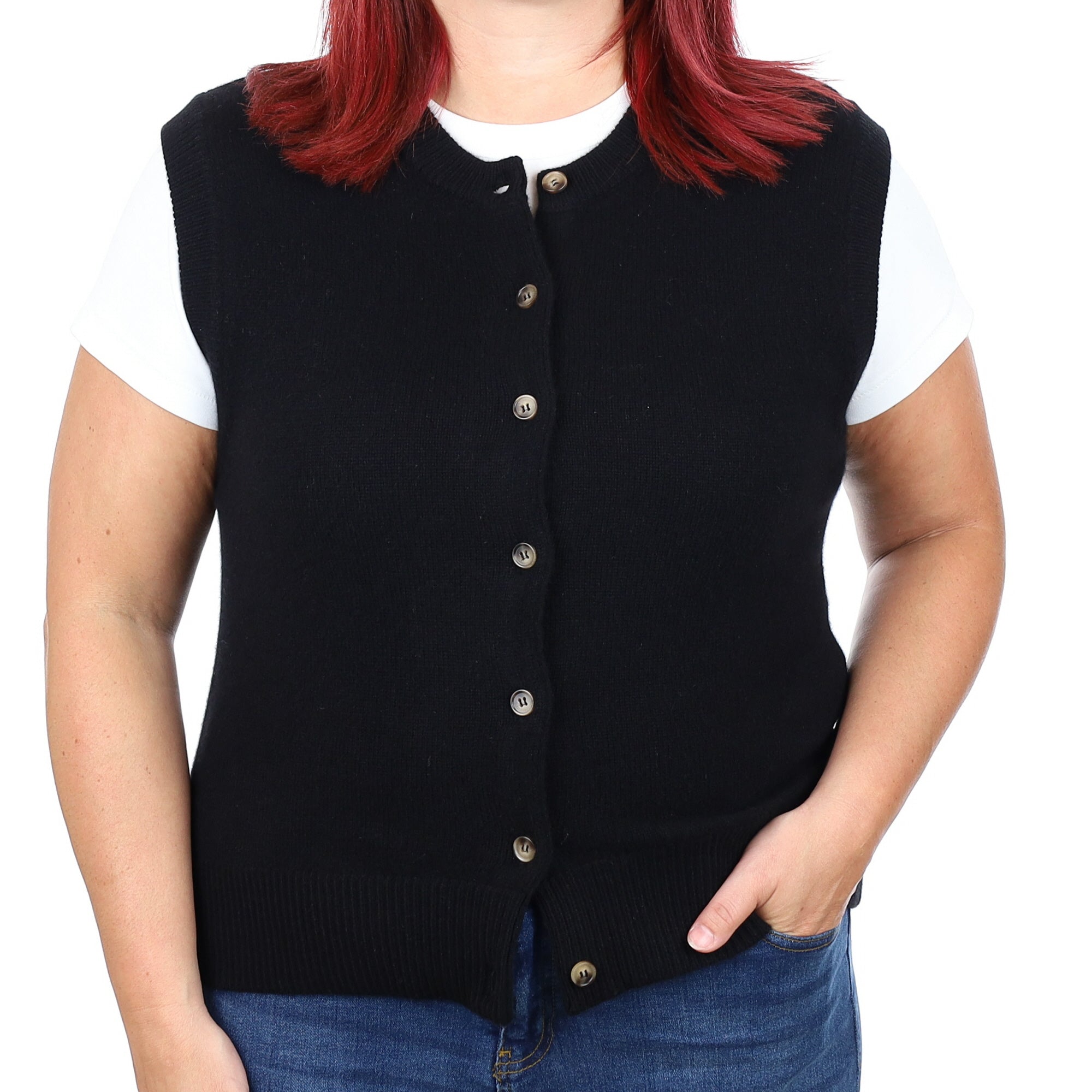 Brand New Black Luxury Cashmere Crew Neck Waistcoat Large UK 16-18