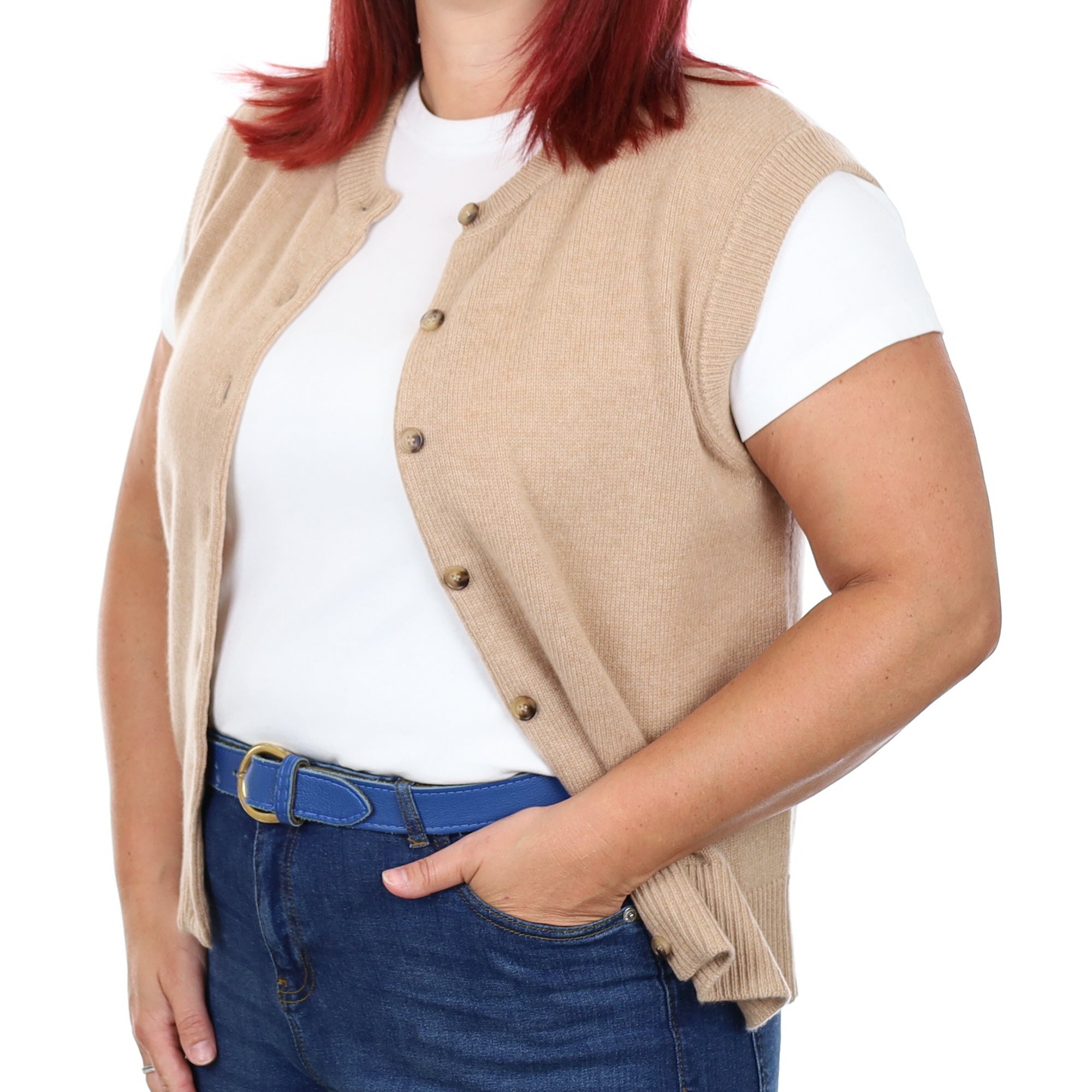 Brand New Caramel Luxury Cashmere Crew Neck Waistcoat Large UK 16-18