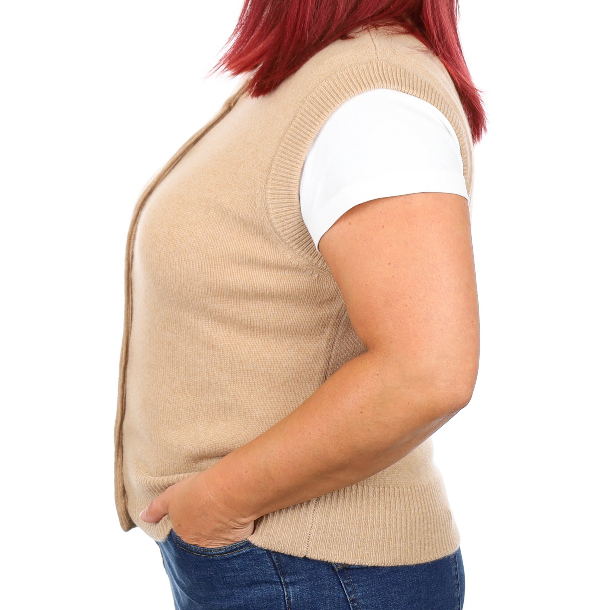 Brand New Caramel Luxury Cashmere Crew Neck Waistcoat Large UK 16-18