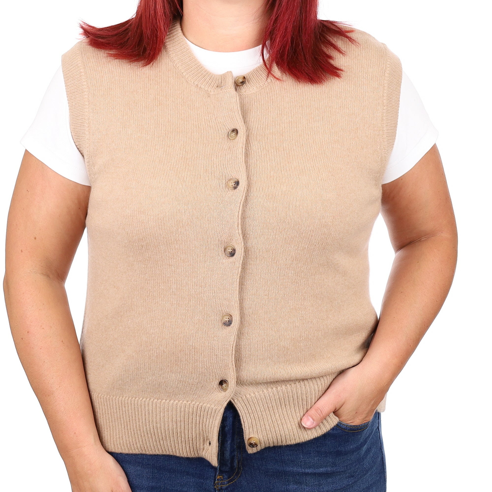 Brand New Caramel Luxury Cashmere Crew Neck Waistcoat Large UK 16-18