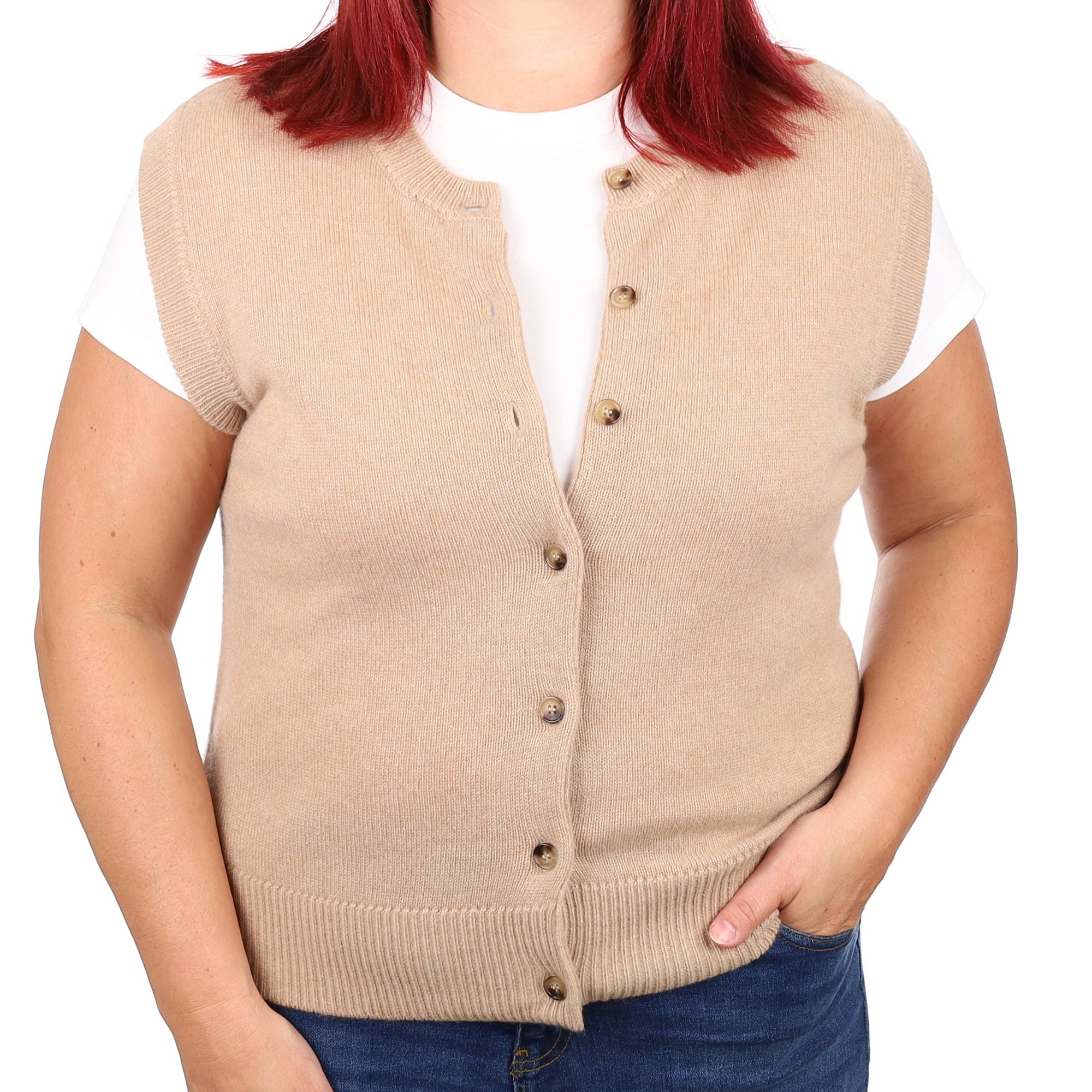 Brand New Caramel Luxury Cashmere Crew Neck Waistcoat Large UK 16-18