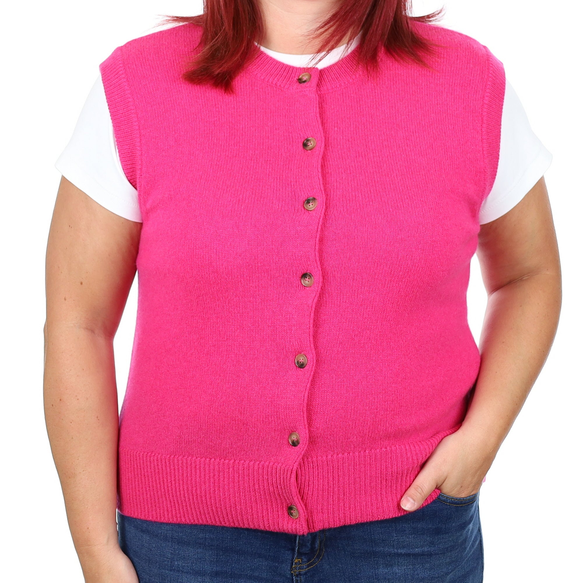 Brand New Hot Pink Luxury Cashmere Crew Neck Waistcoat Large UK 16-18