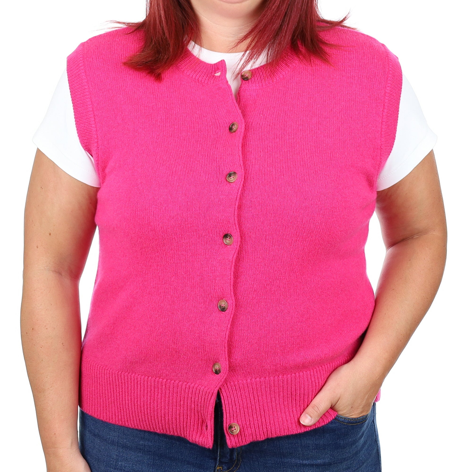 Brand New Hot Pink Luxury Cashmere Crew Neck Waistcoat Large UK 16-18