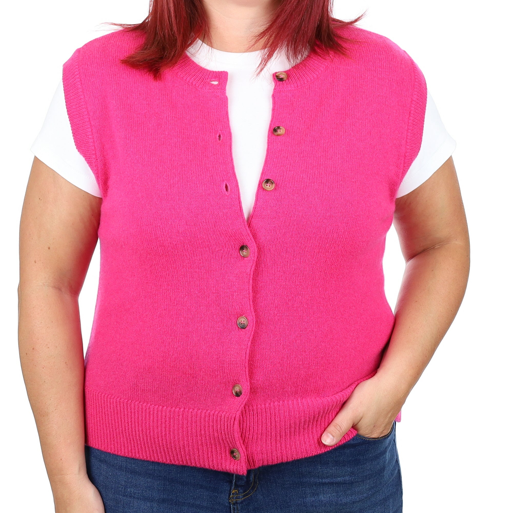 Brand New Hot Pink Luxury Cashmere Crew Neck Waistcoat Large UK 16-18