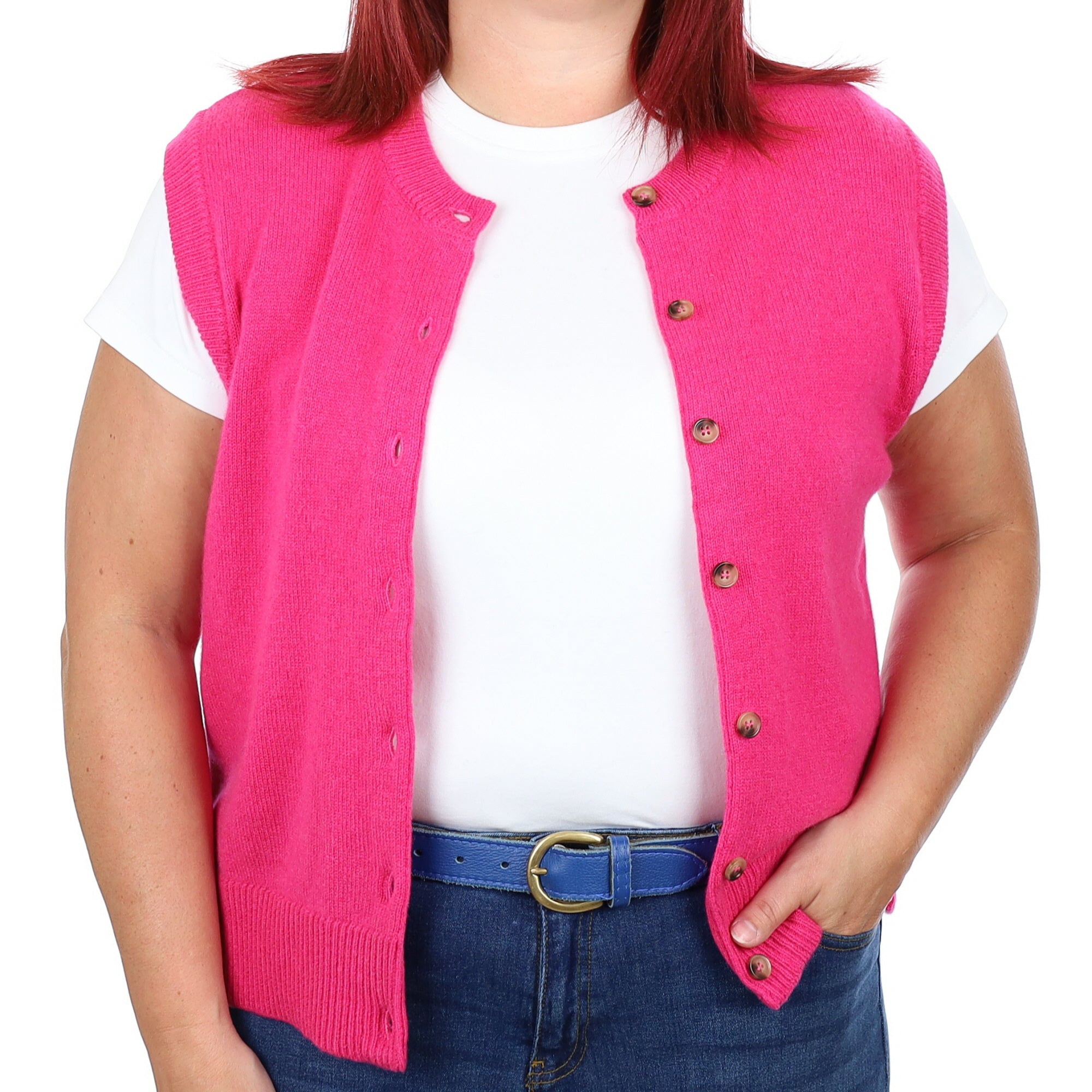 Brand New Hot Pink Luxury Cashmere Crew Neck Waistcoat Large UK 16-18