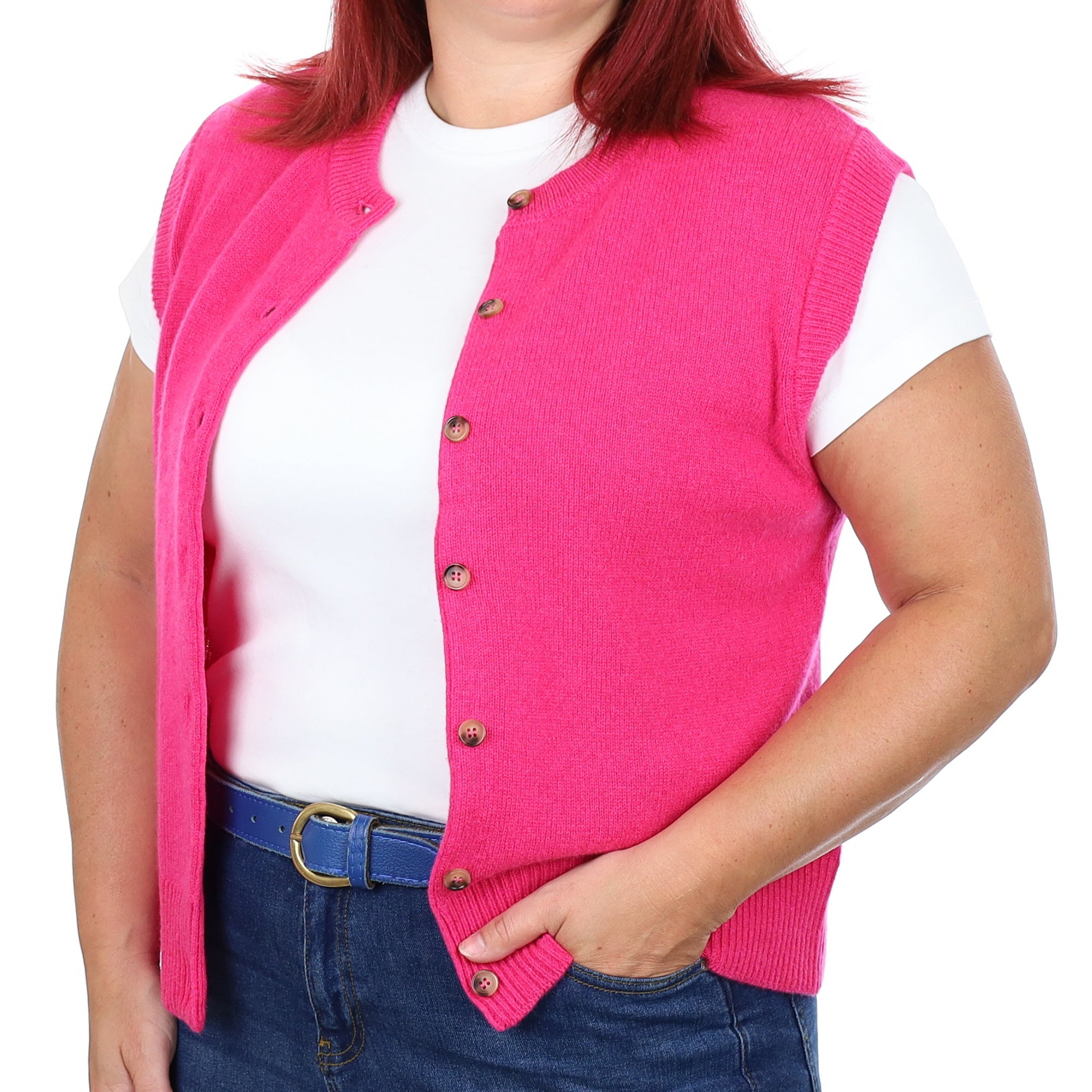 Brand New Hot Pink Luxury Cashmere Crew Neck Waistcoat Large UK 16-18