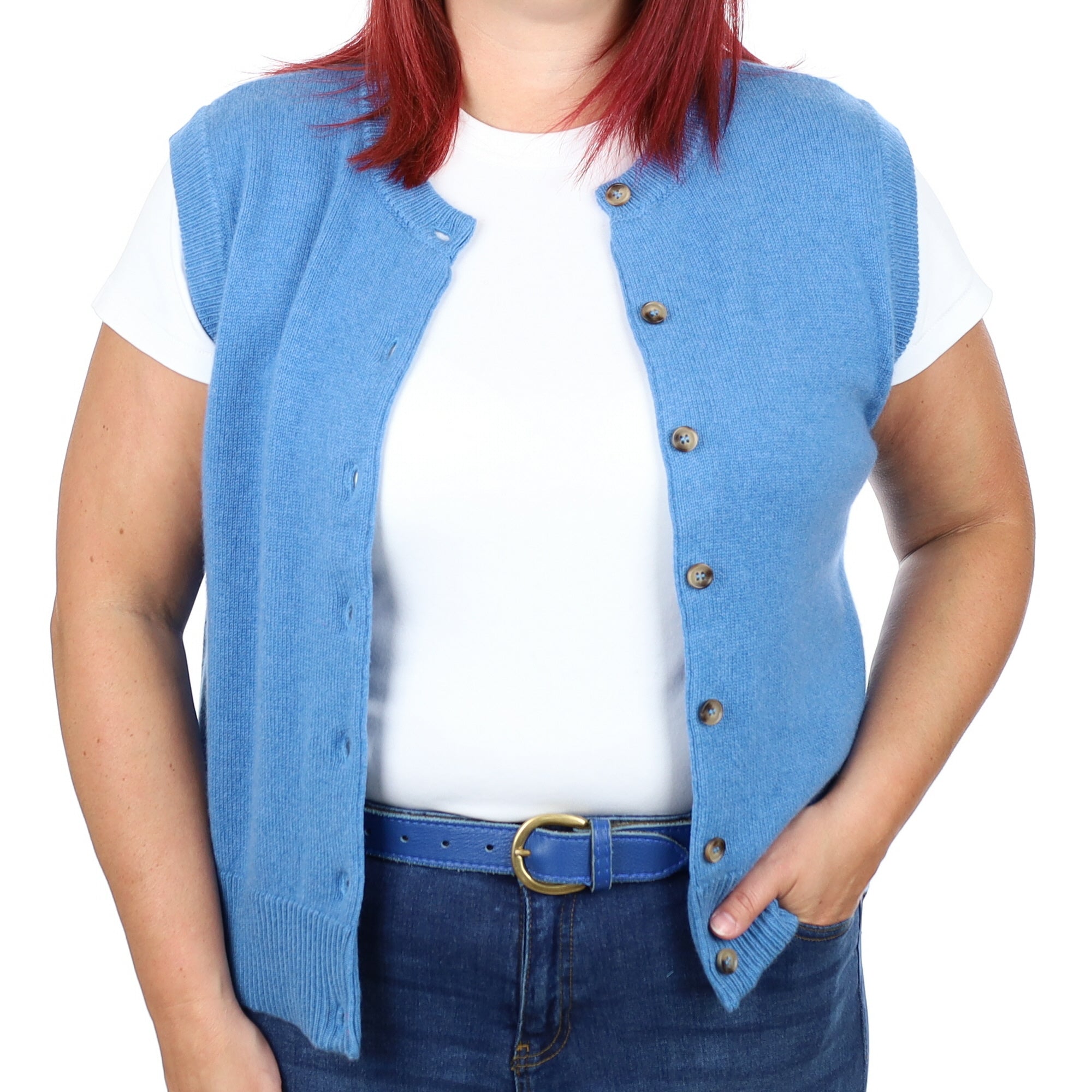Brand New Mediterranean Blue Luxury Cashmere Crew Neck Waistcoat Large UK 16-18