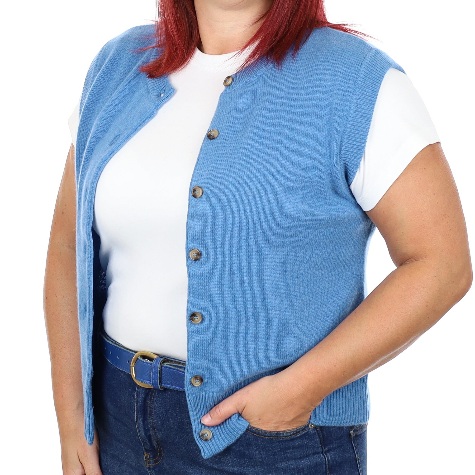 Brand New Mediterranean Blue Luxury Cashmere Crew Neck Waistcoat Large UK 16-18