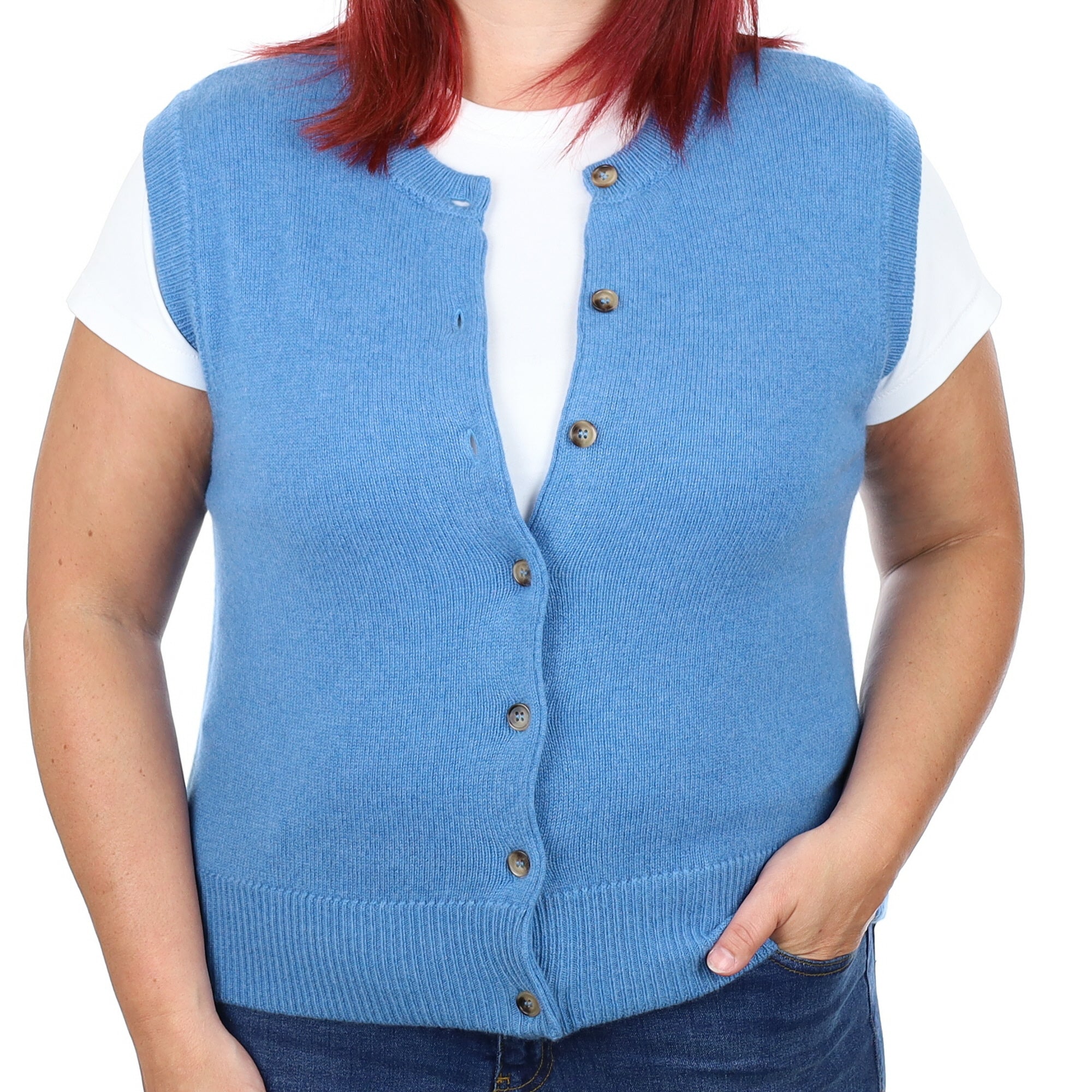 Brand New Mediterranean Blue Luxury Cashmere Crew Neck Waistcoat Large UK 16-18