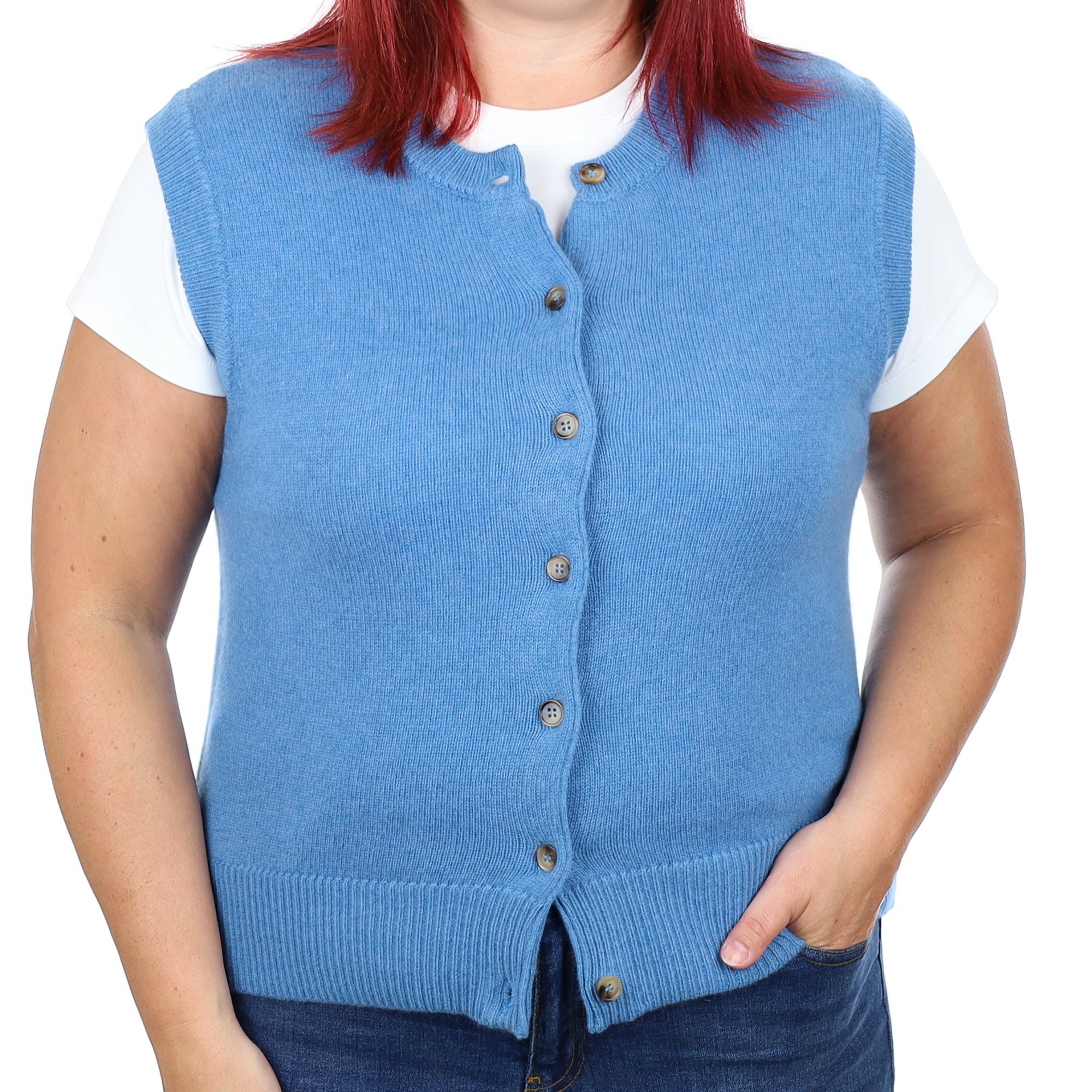Brand New Mediterranean Blue Luxury Cashmere Crew Neck Waistcoat Large UK 16-18