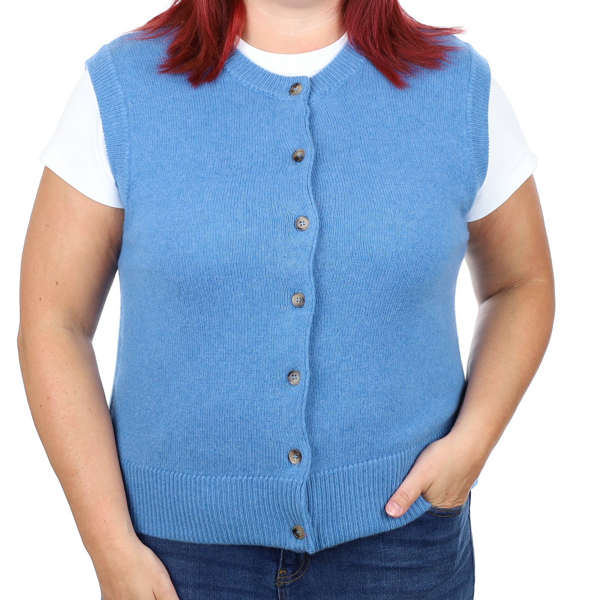 Brand New Mediterranean Blue Luxury Cashmere Crew Neck Waistcoat Large UK 16-18