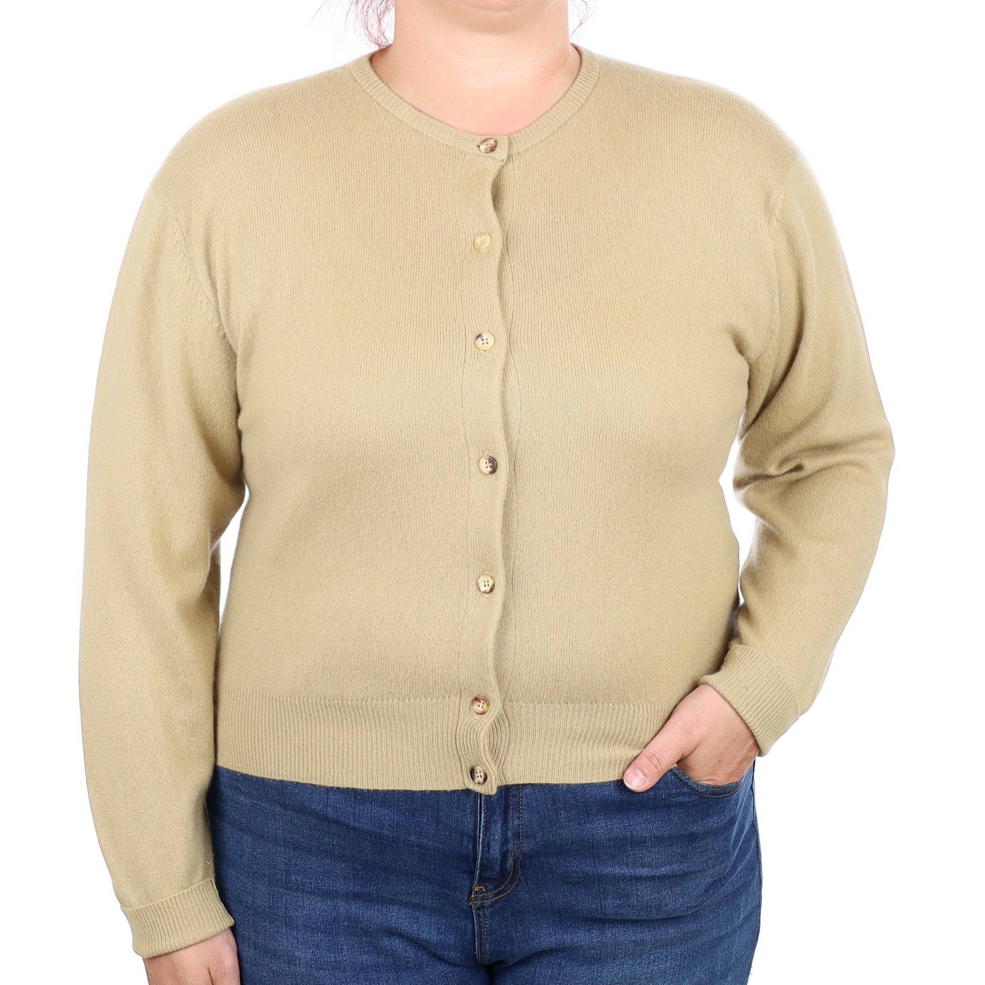 Soft Camel Beige Cashmere Crew Neck Cardigan Large
